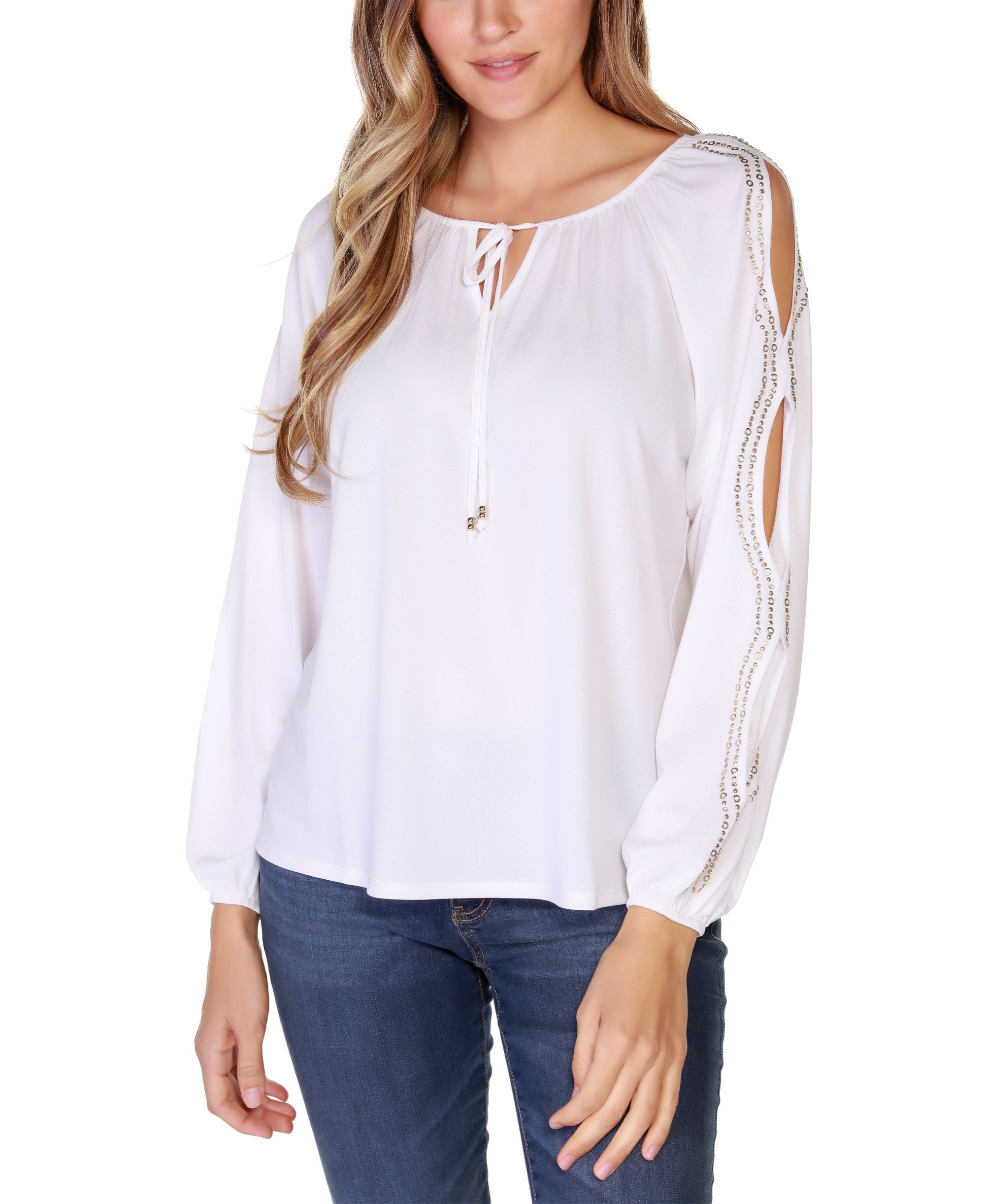 Belldini Black Label Petite Size Embellished Top With Cutout Sleeve