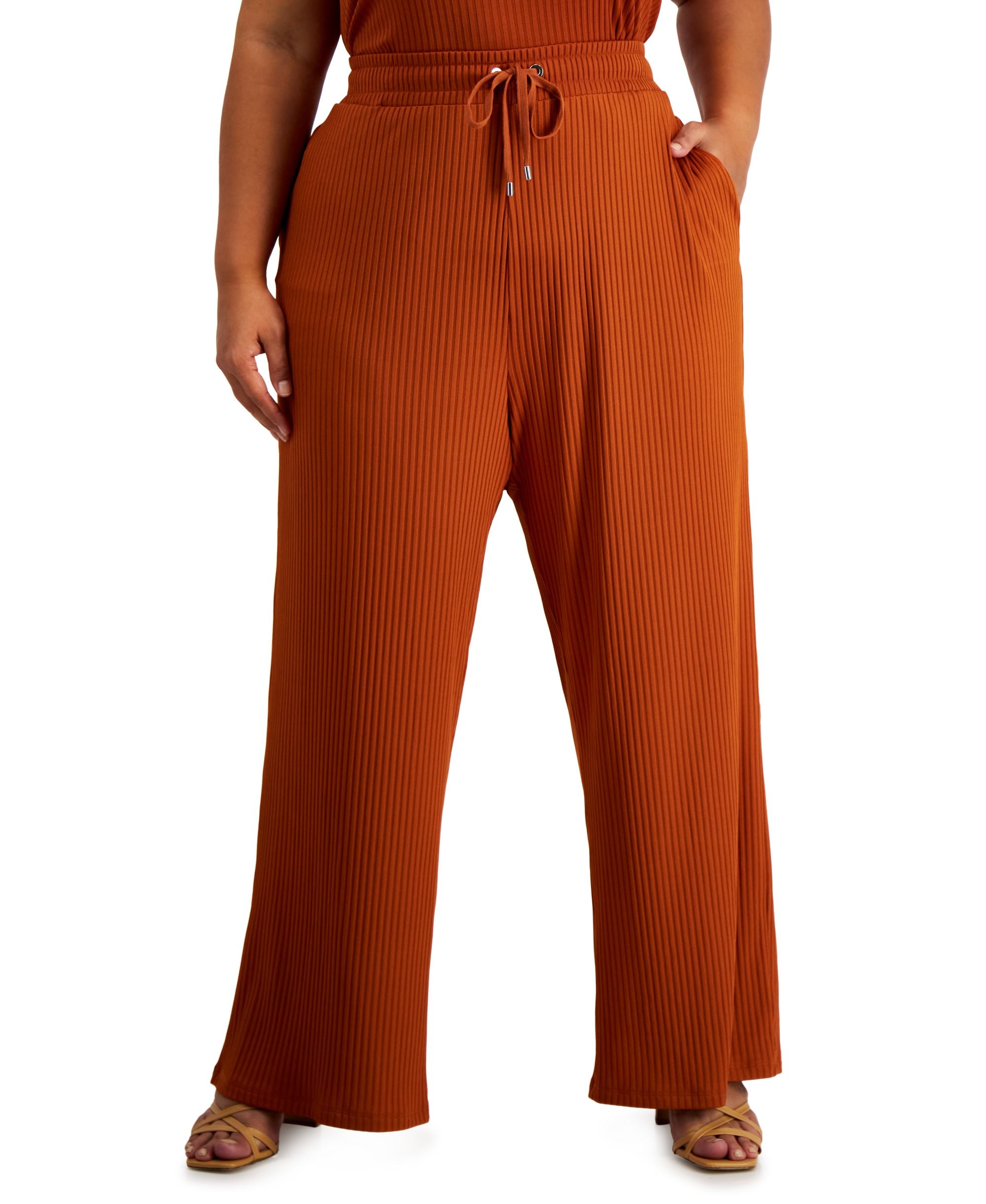 Calvin Klein Womens Plus Ribbed Comfy Wide Leg Pants