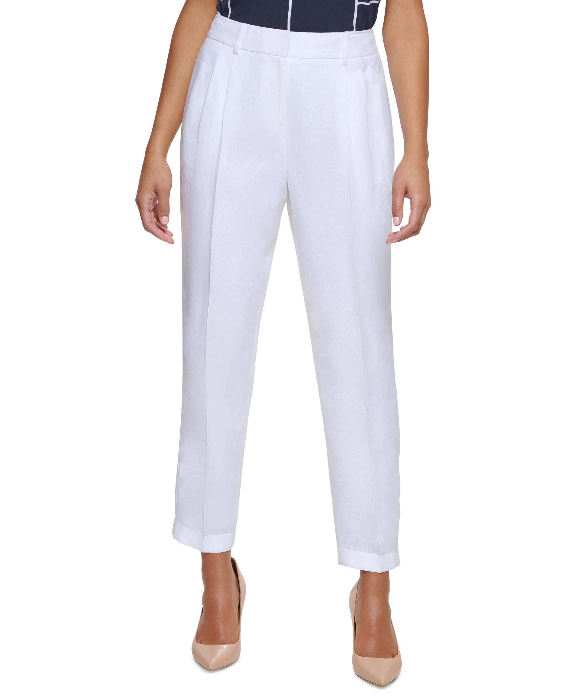 Calvin Klein Womens Elastic Back Linen Ankle Pants