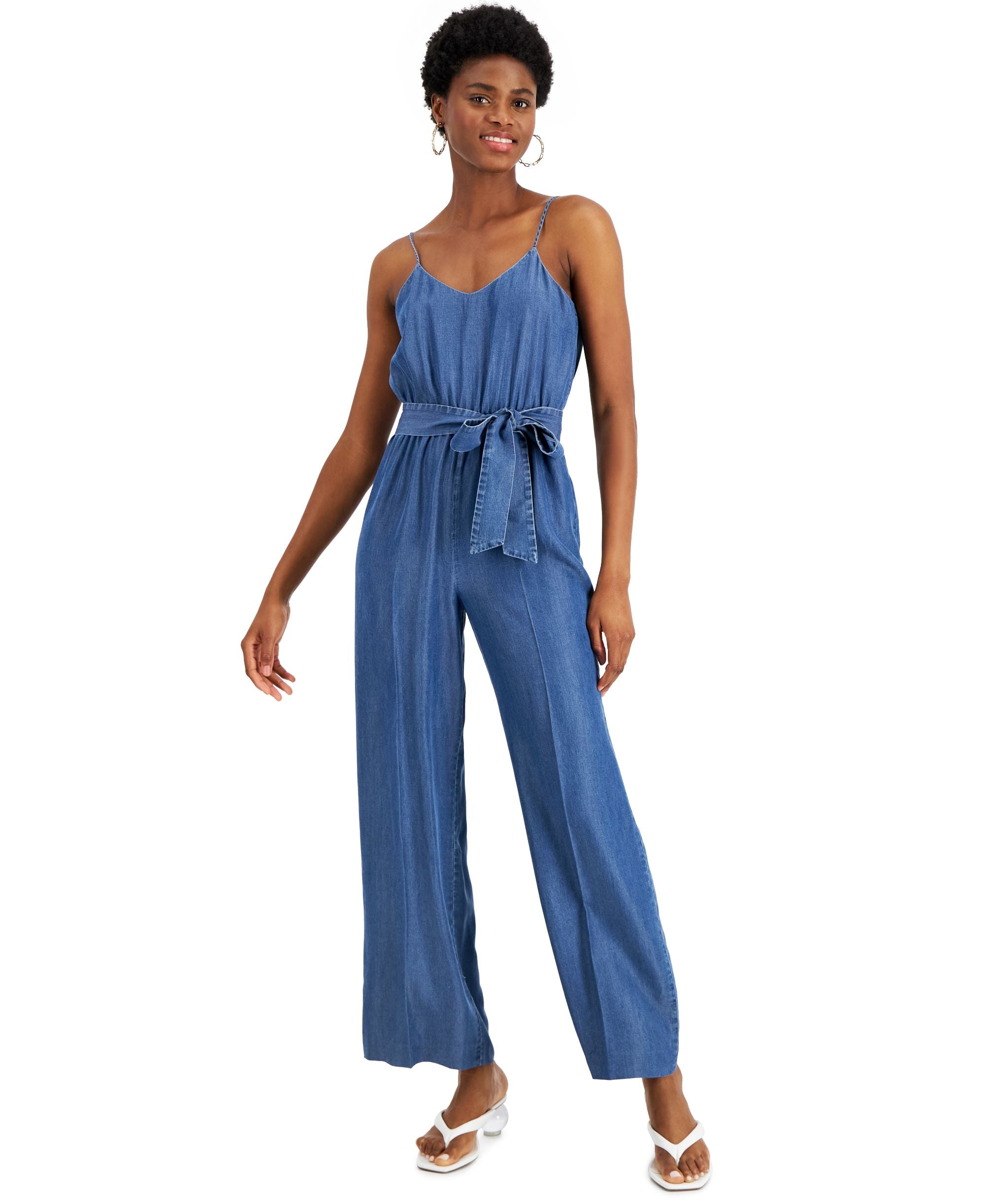 Bar III Womens V Neck Belted Jumpsuit