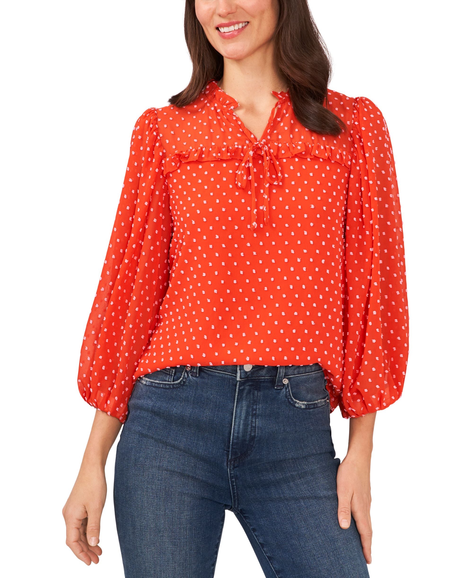 Women's Long Sleeve Contrast Clip-Dot Pleated Blouse