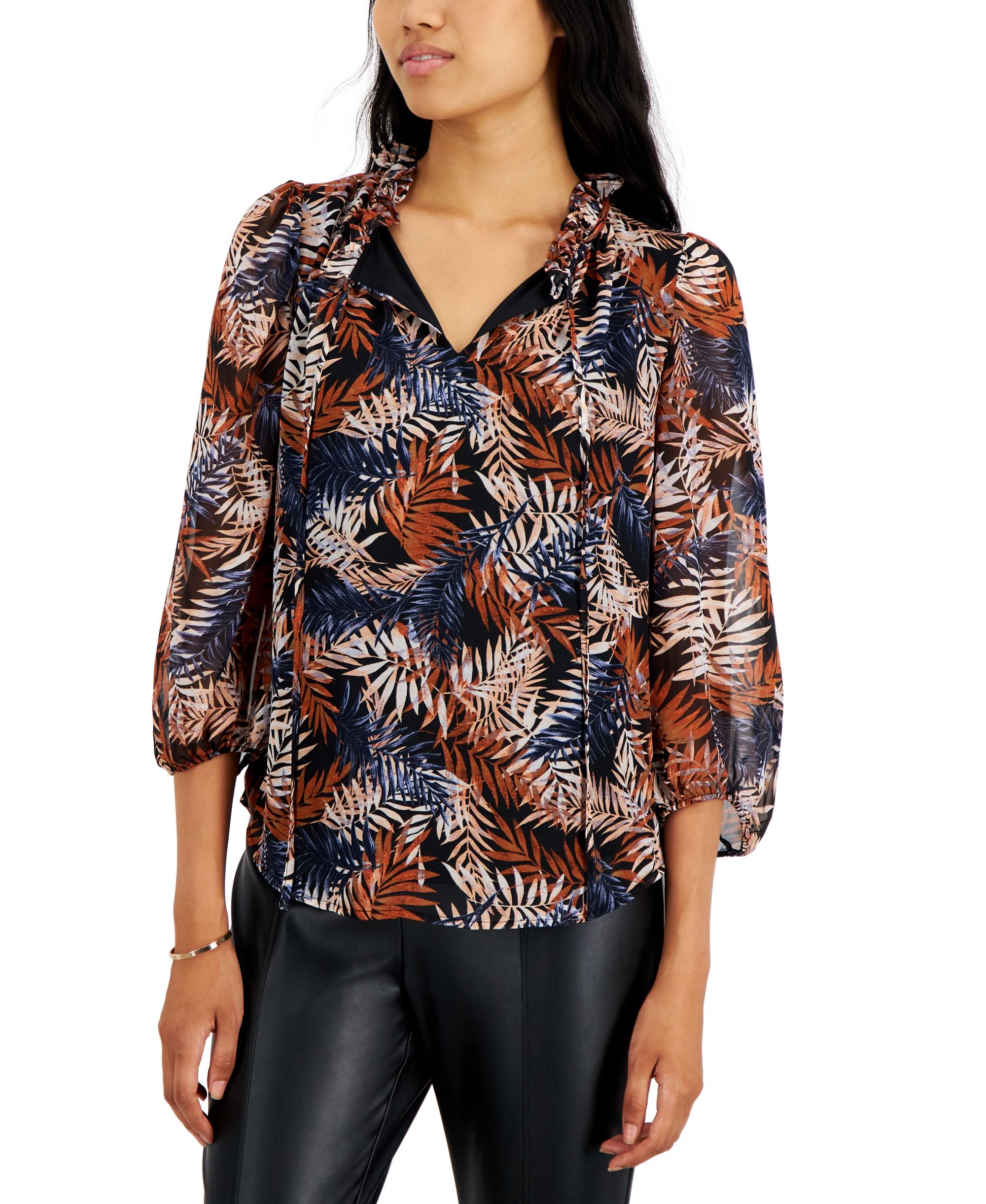 Bar III Womens Printed Tie Neck Top