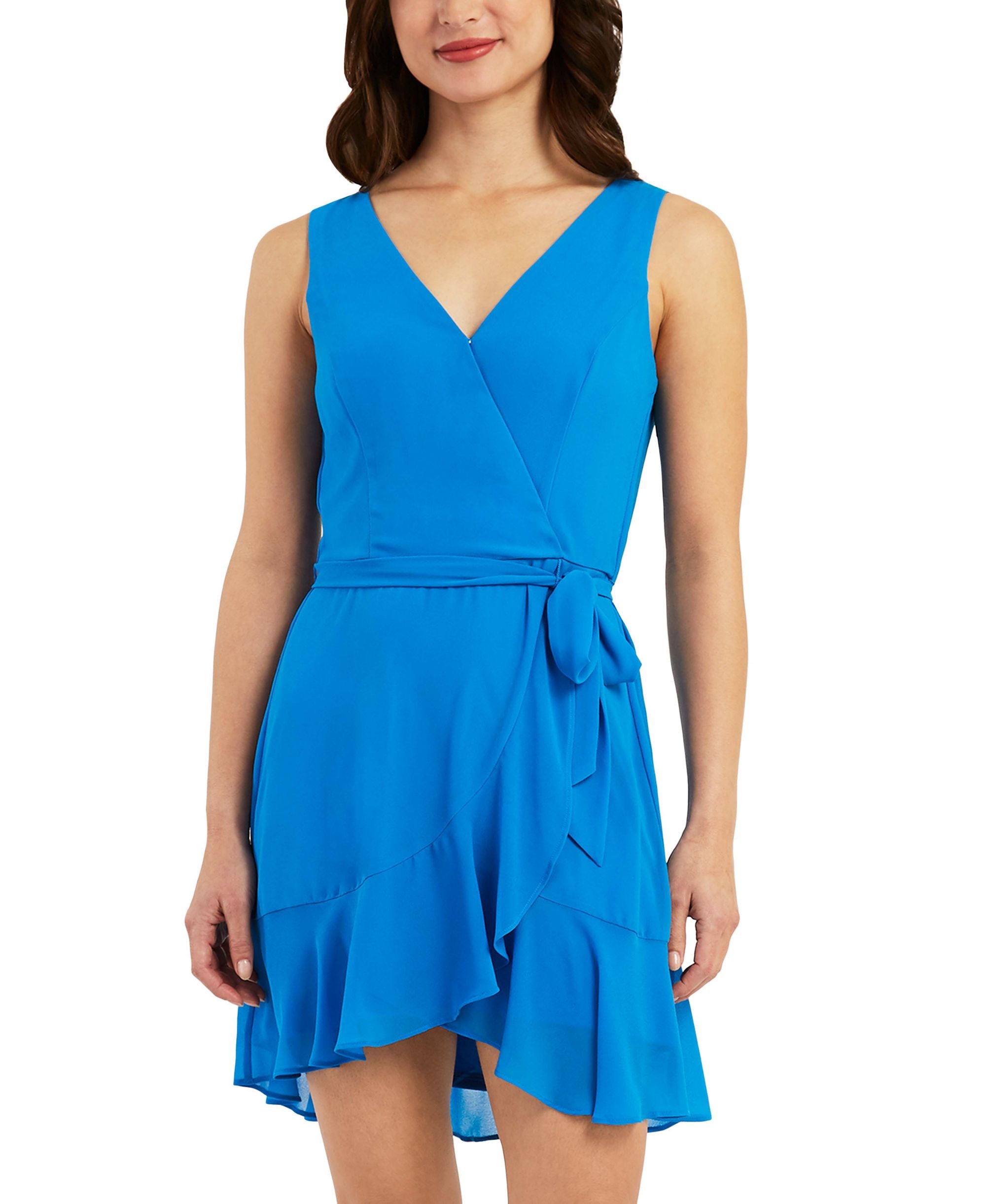 BCX DRESS Womens Ruffled Sheer Line Tie Belt Pullover Sleeveless Surplice Neckline Above The Knee A-Line Dress