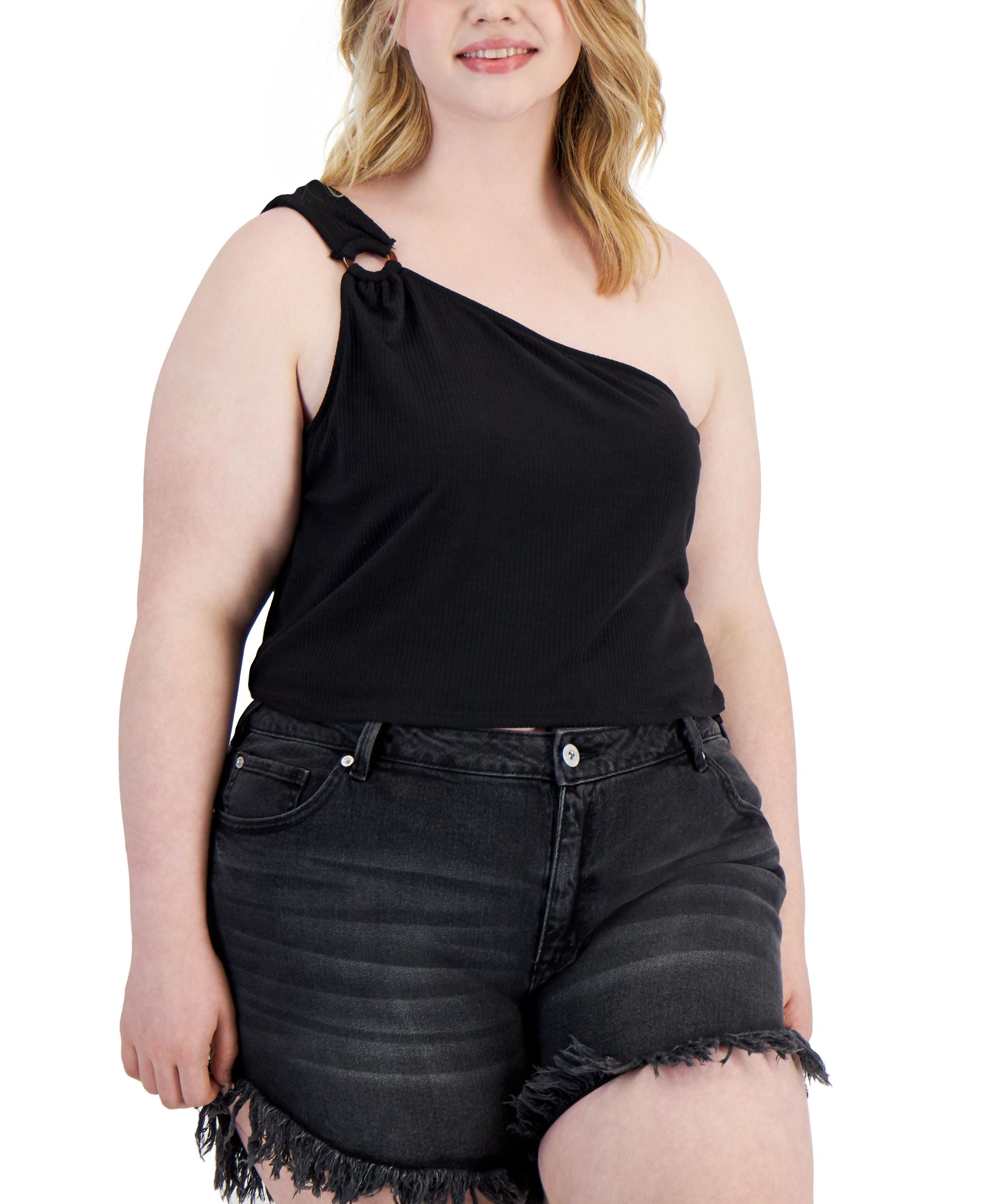 Trendy Plus Size One-Shoulder Ring Tank