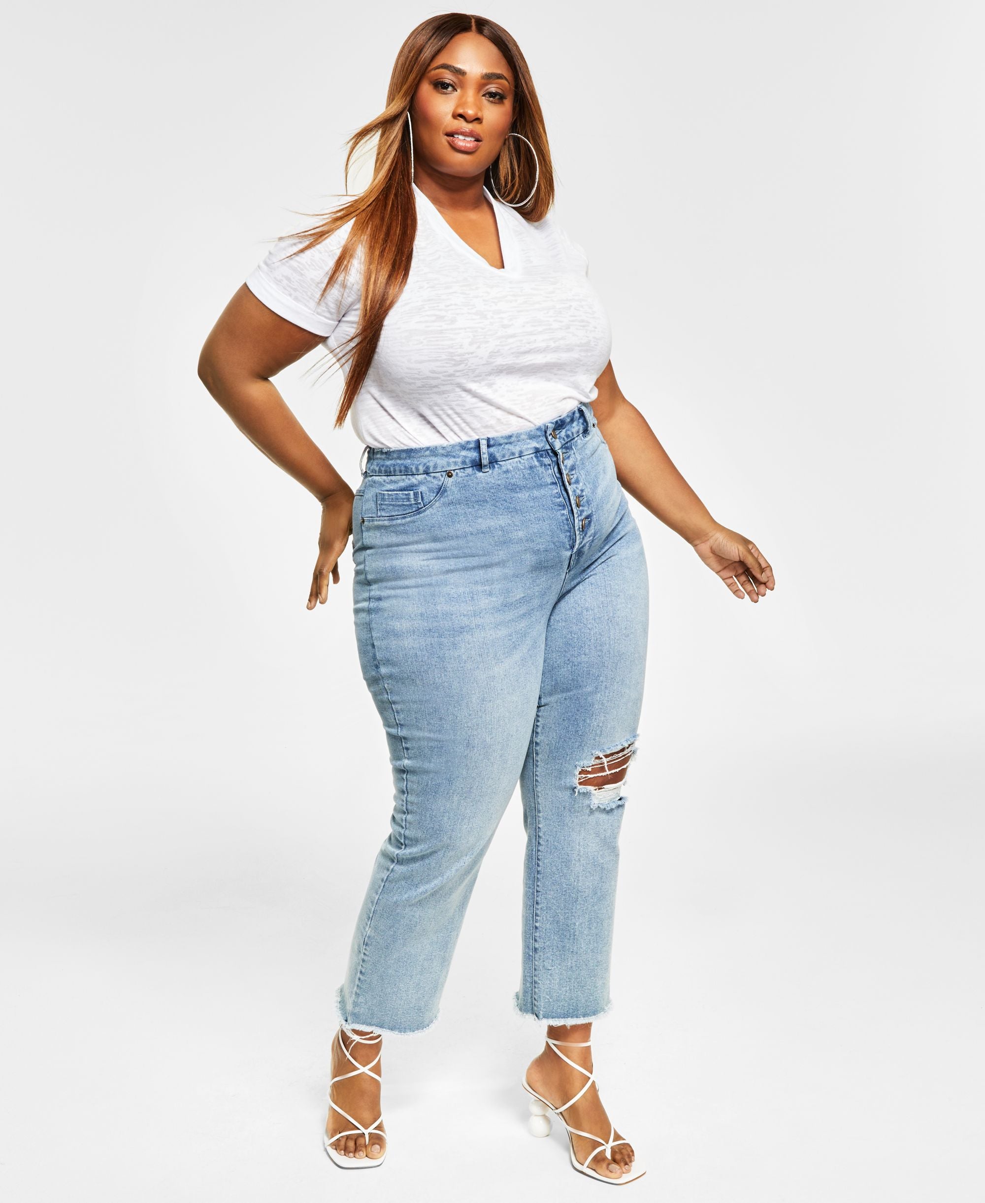 Nina Parker Trendy Plus Size V Neck Burnout T-Shirt Bodysuit