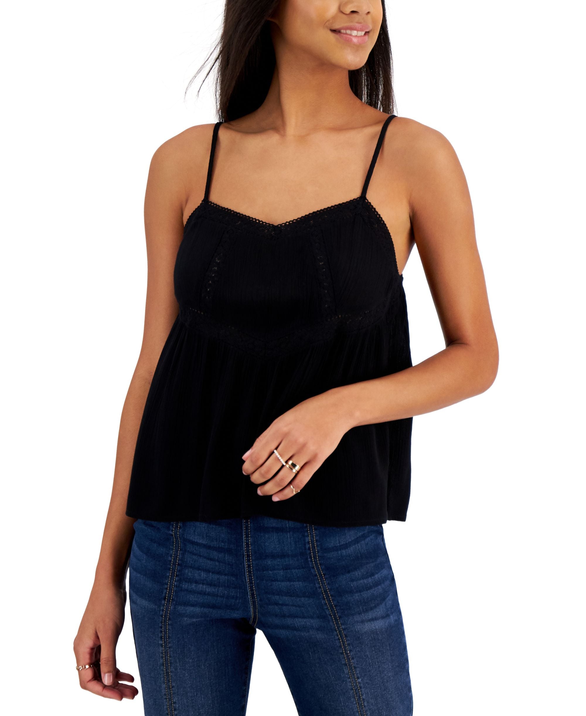 Juniors' Crochet-Trim Gauze Sleeveless Top