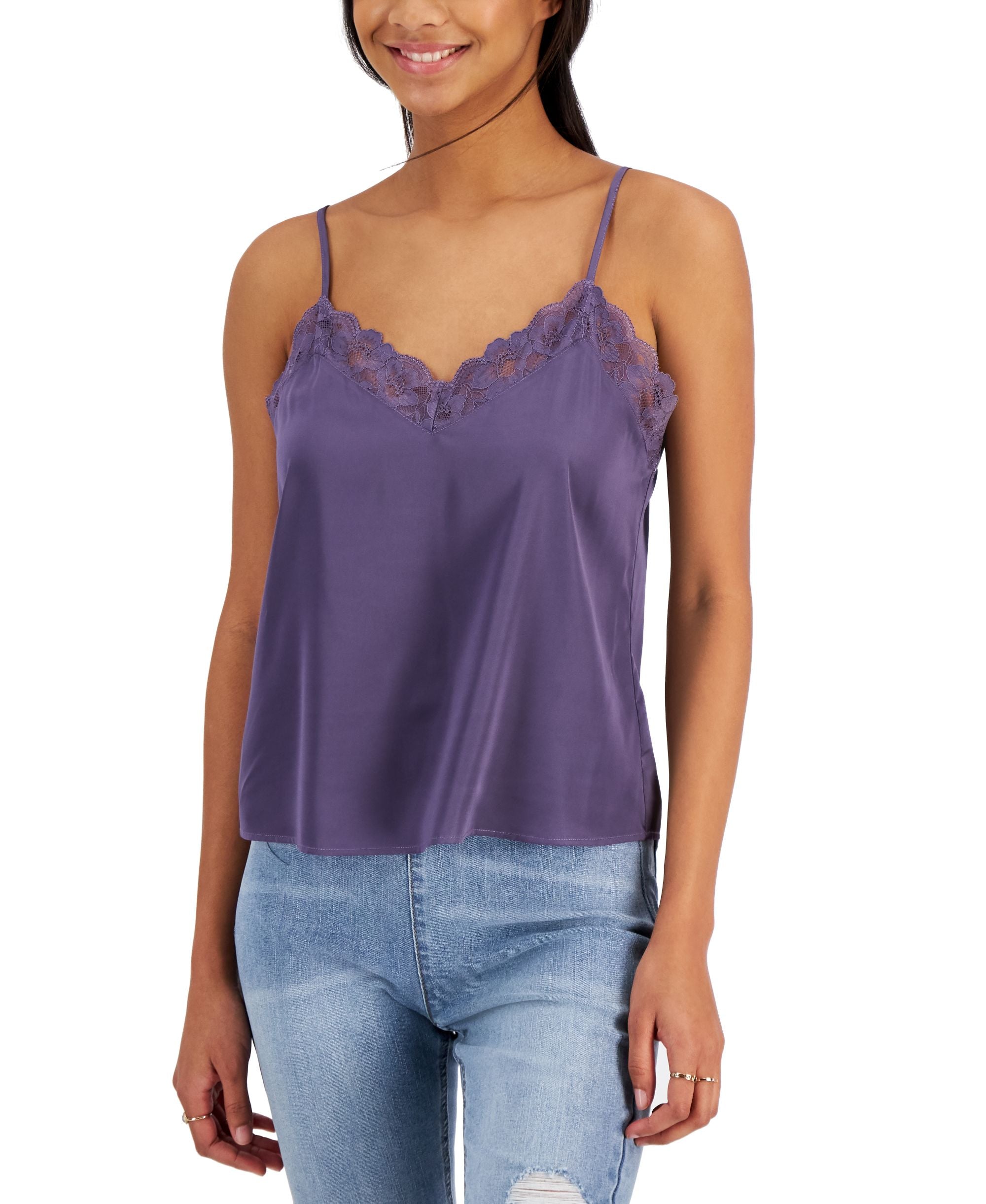 Juniors' Lace-Trim Satin Tank Top