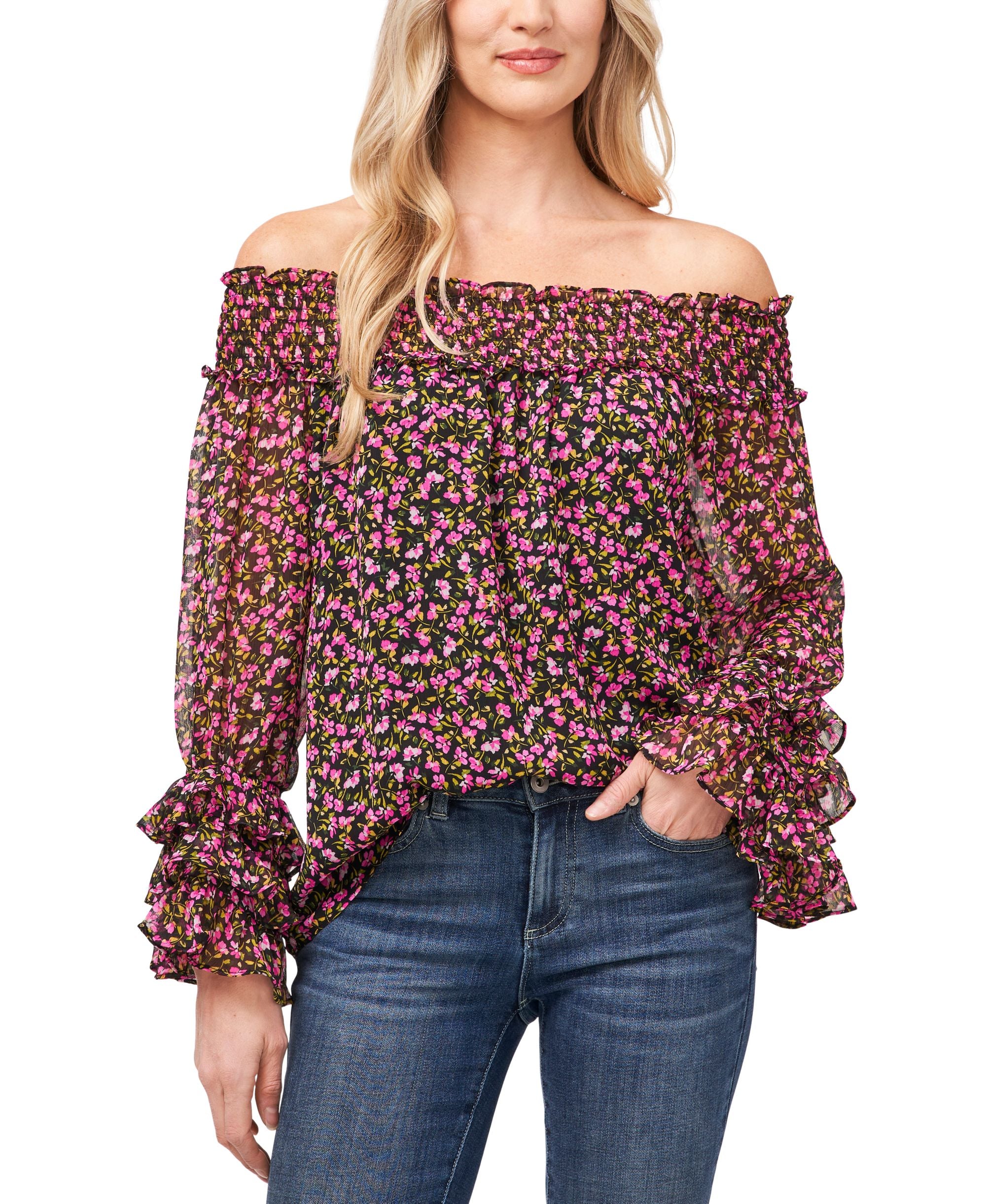 CeCe Petite Off-The-Shoulder Printed Blouse