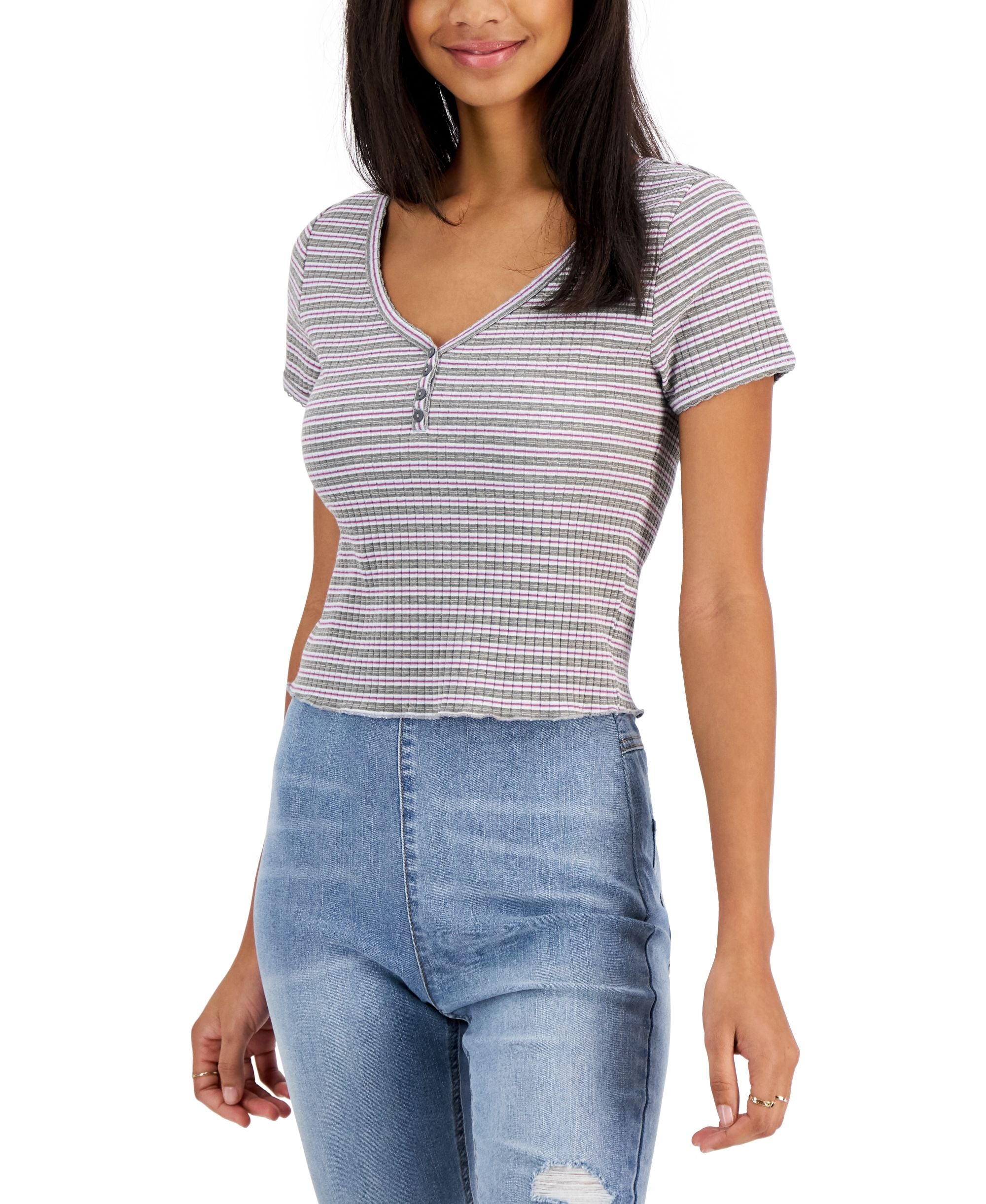 Hippie Rose Juniors' V-neck Ribbed Henley Top