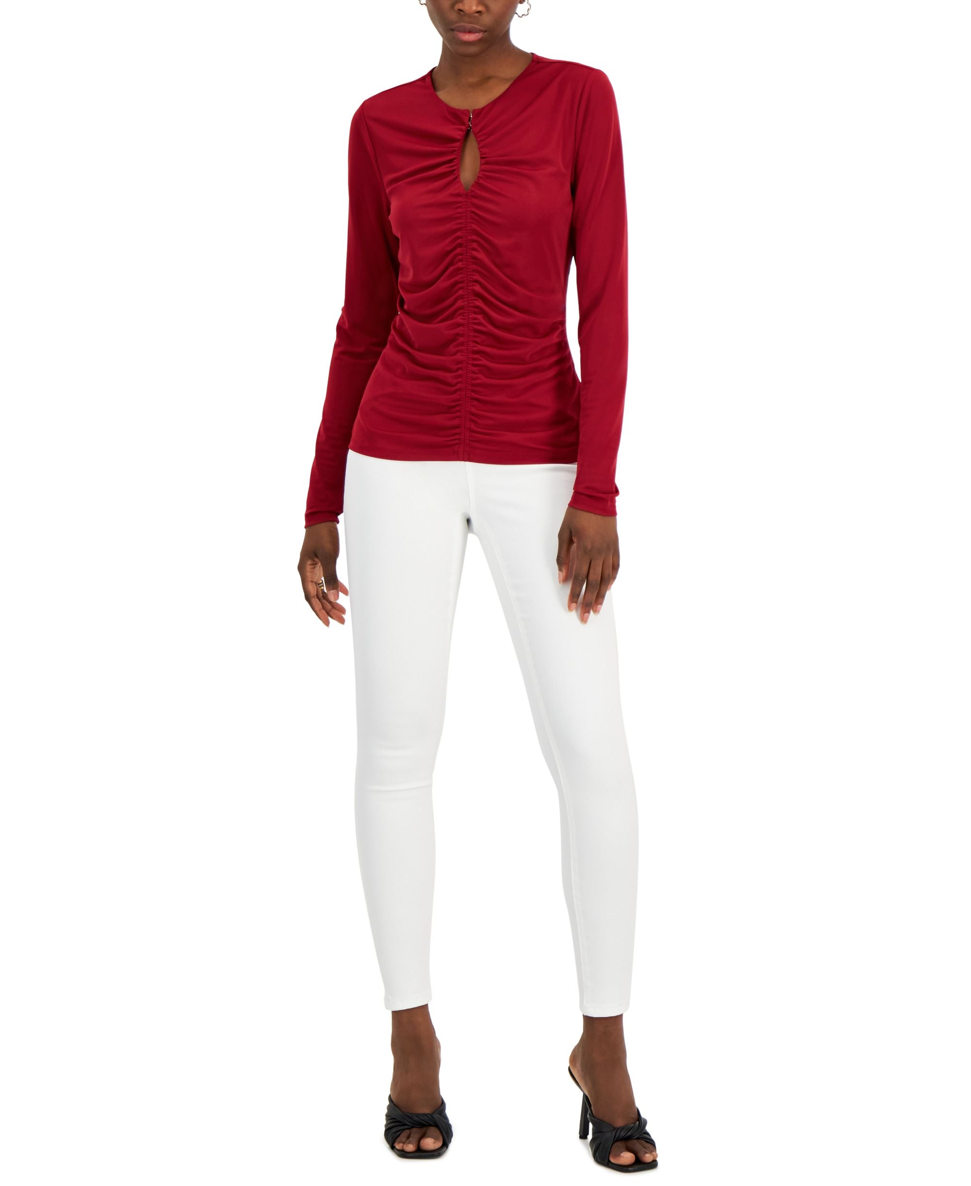 INC International Concepts Womens Solid Ruched Front Keyhole Knit Top