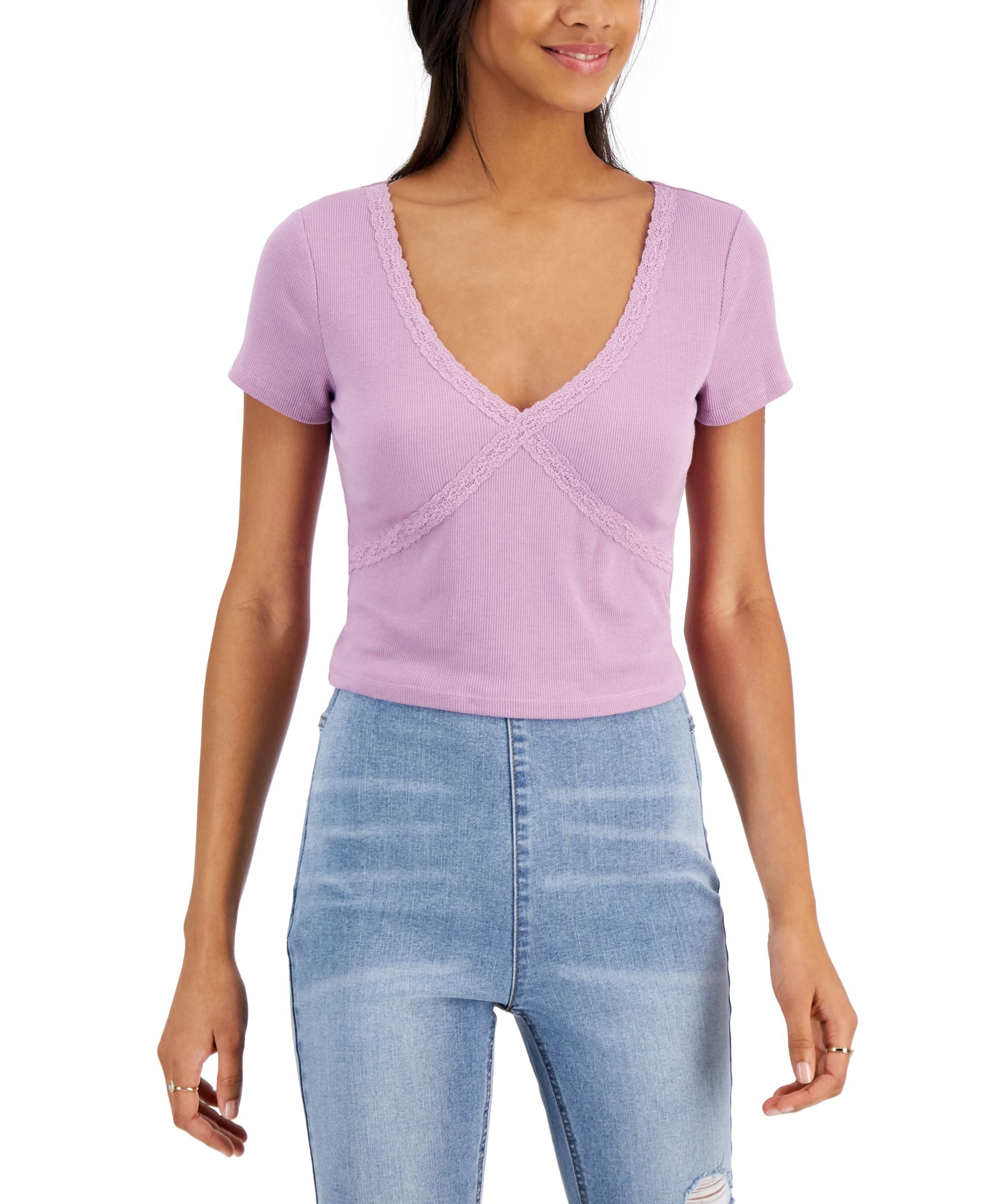 Juniors' Lace-Trim Ribbed T-Shirt