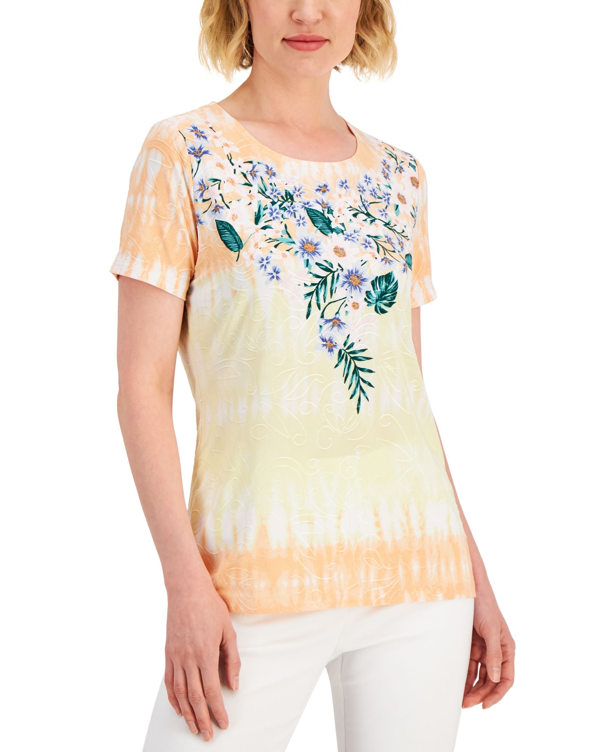 JM Collection Womens Floral Borders Jacquard Short Sleeve Top