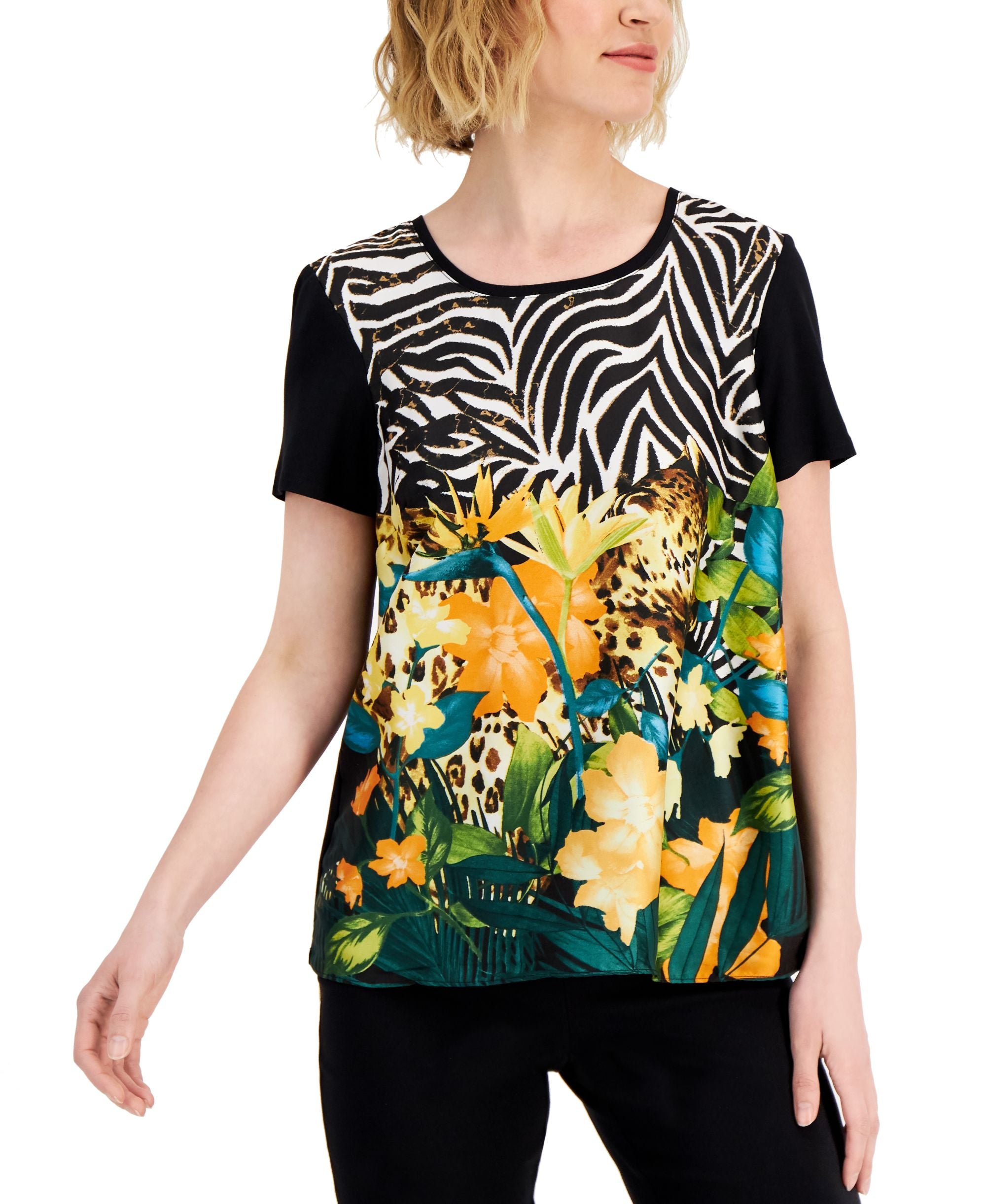 JM Collection Womens Leopard Garden Stretch Satin Front Top
