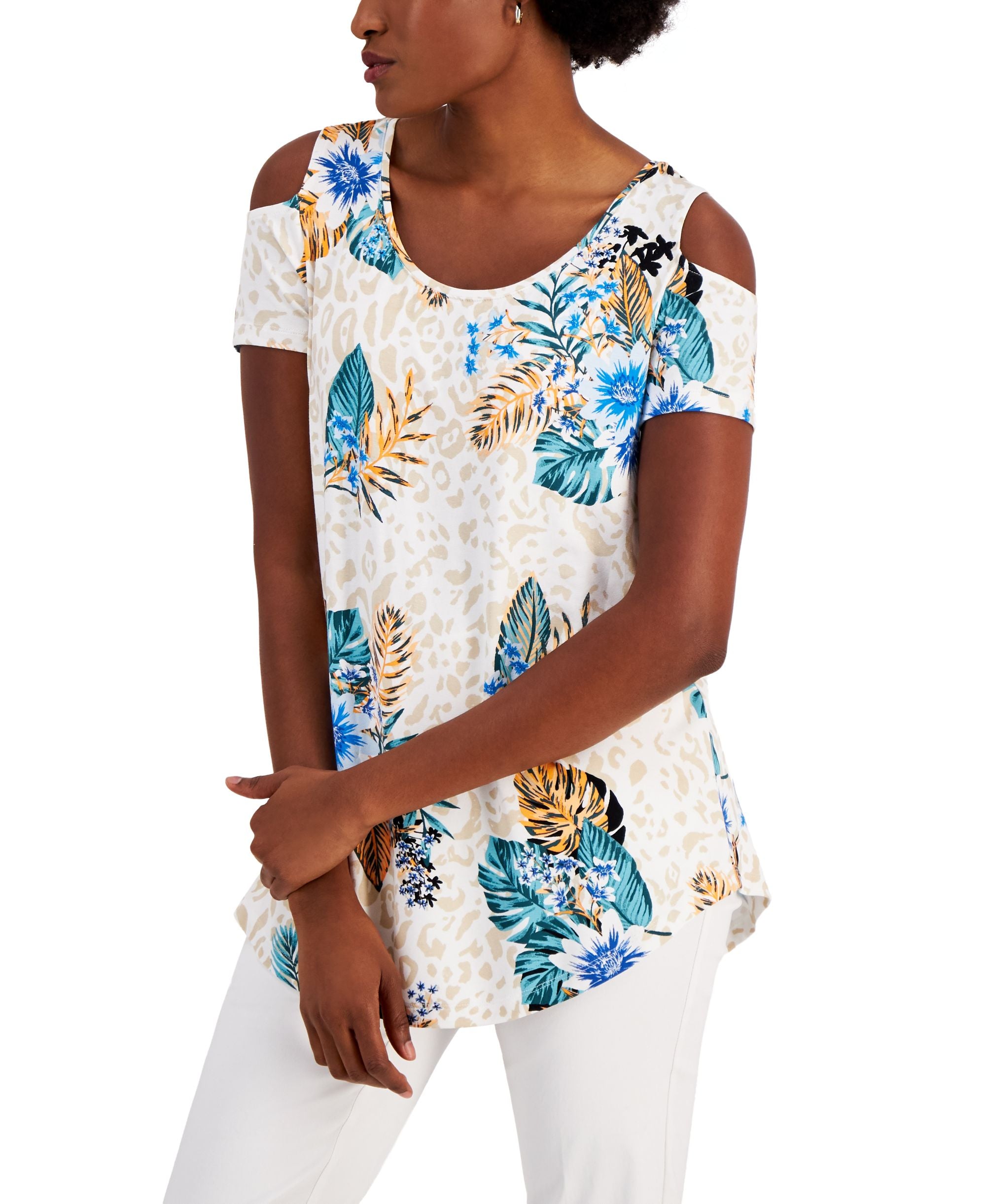 JM Collection Womens Tropical Wilderness Cold Shoulder Top