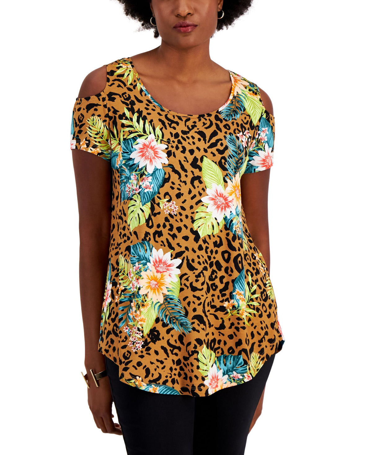 JM Collection Womens Tropical Wilderness Cold Shoulder Top