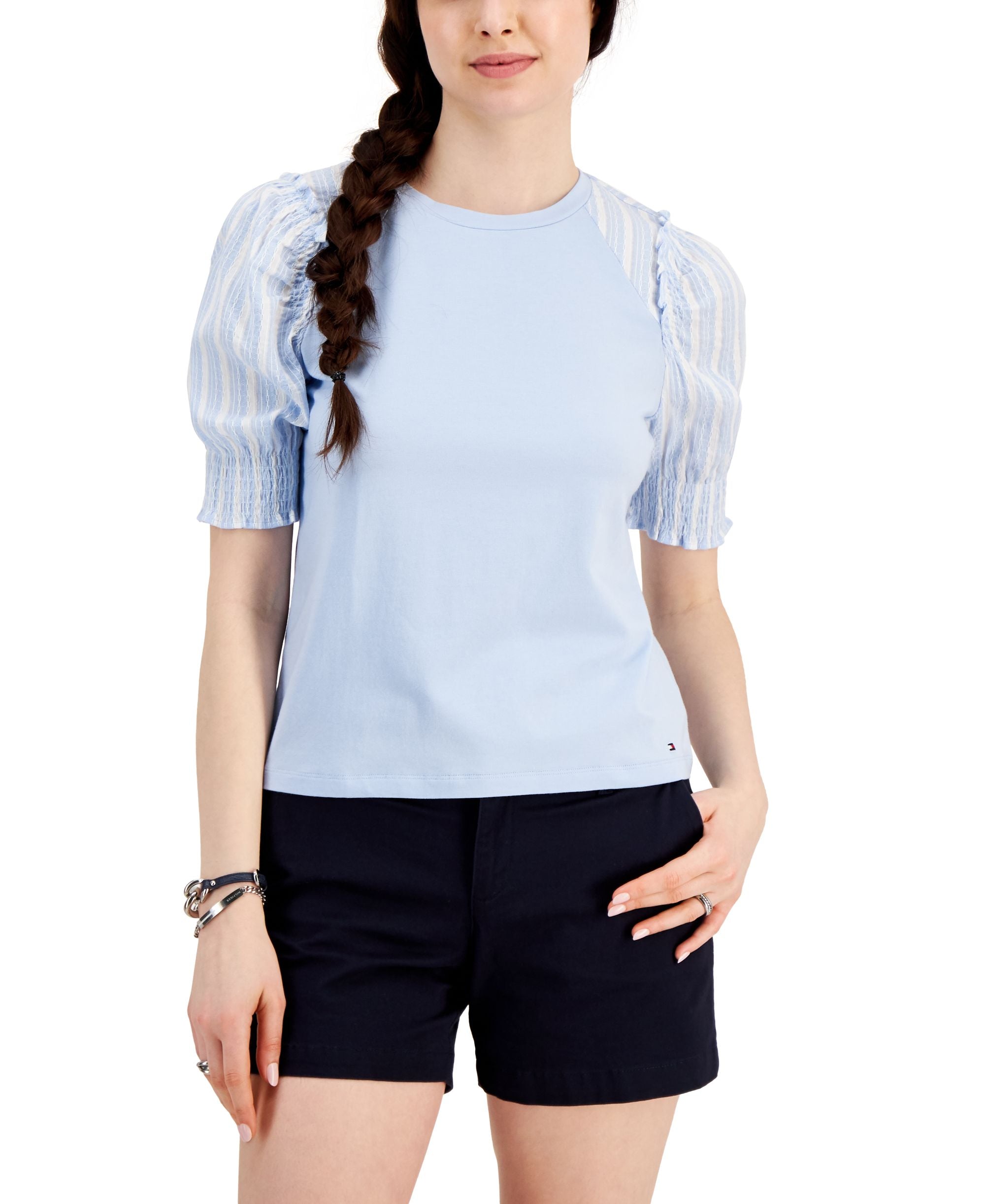 Tommy Hilfiger Womens Mixed Media Puff Sleeve Top