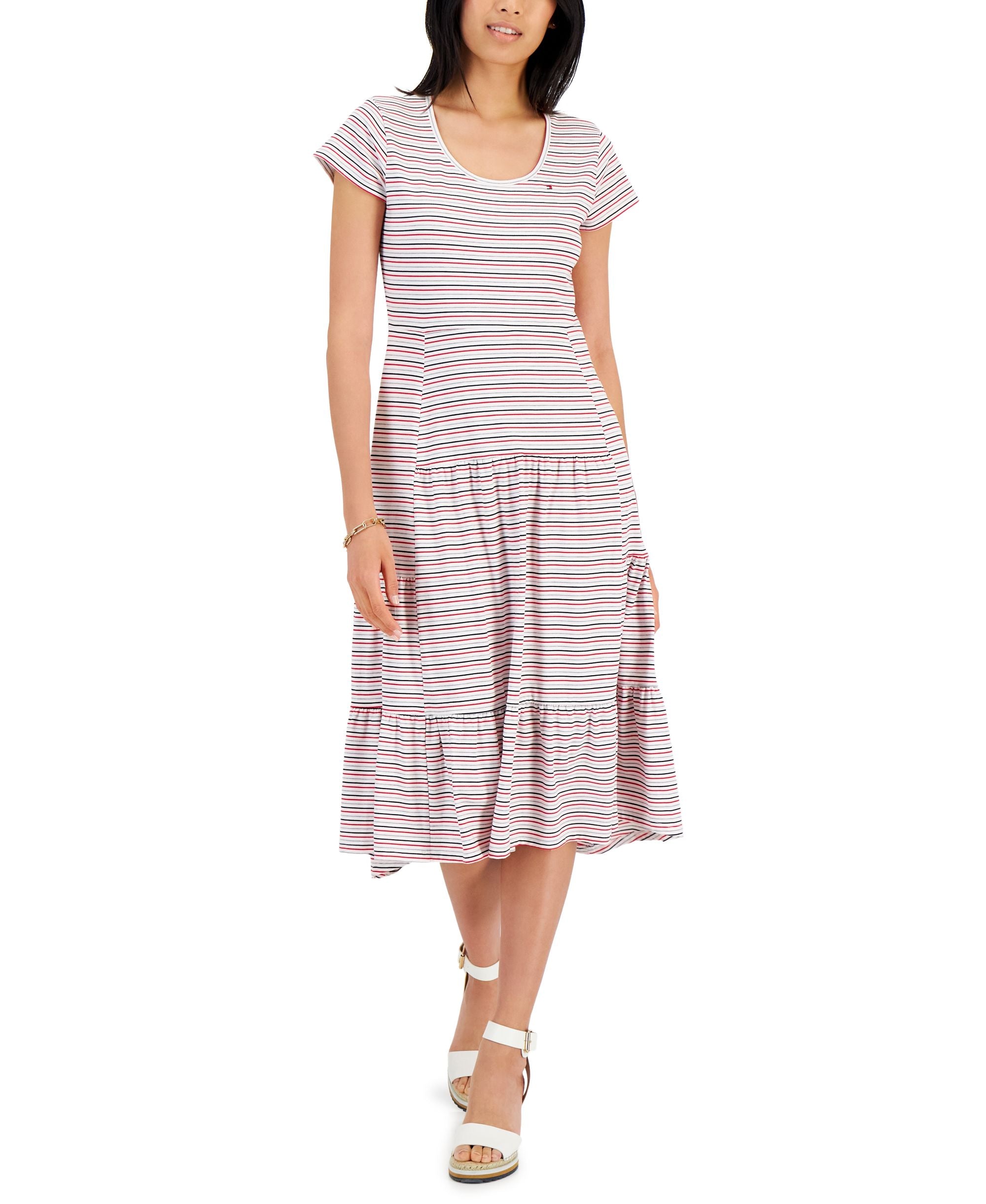 Tommy Hilfiger Womens Striped Tiered Midi Dress