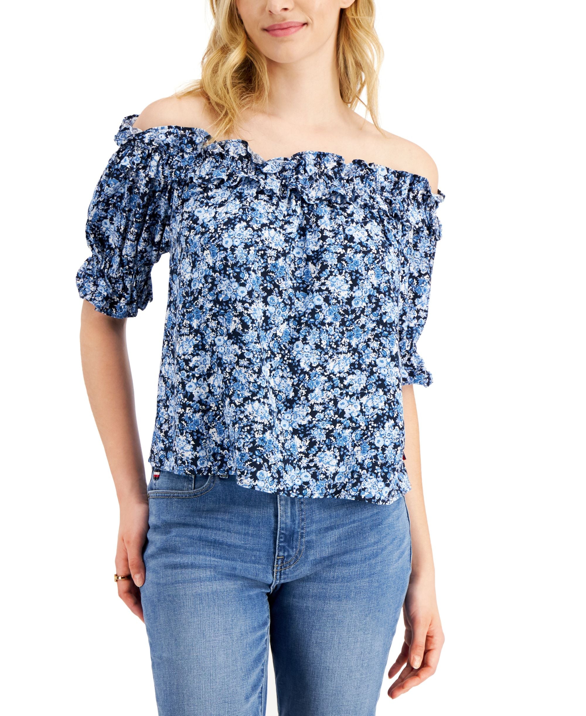 Tommy Hilfiger Womens Off The Shoulder Floral Print Top