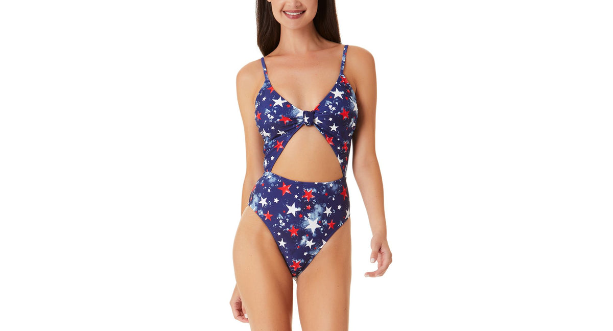 Juniors' Splatter-Star Knotted-Front Cut-Out One-Piece Swimsuit