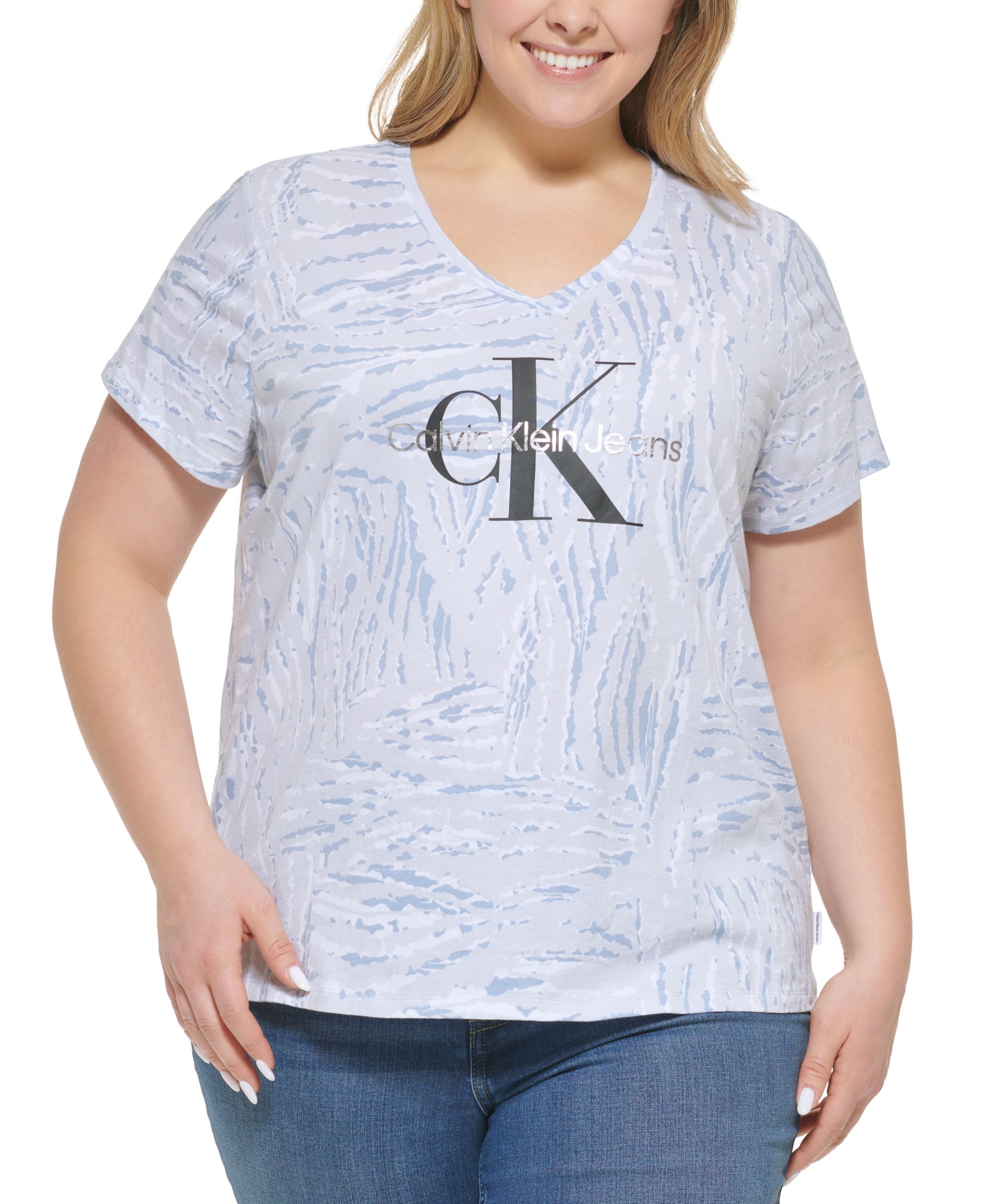 Calvin Klein Jeans Trendy Plus Size Cotton Monogramed Logo V Neck T-Shirt