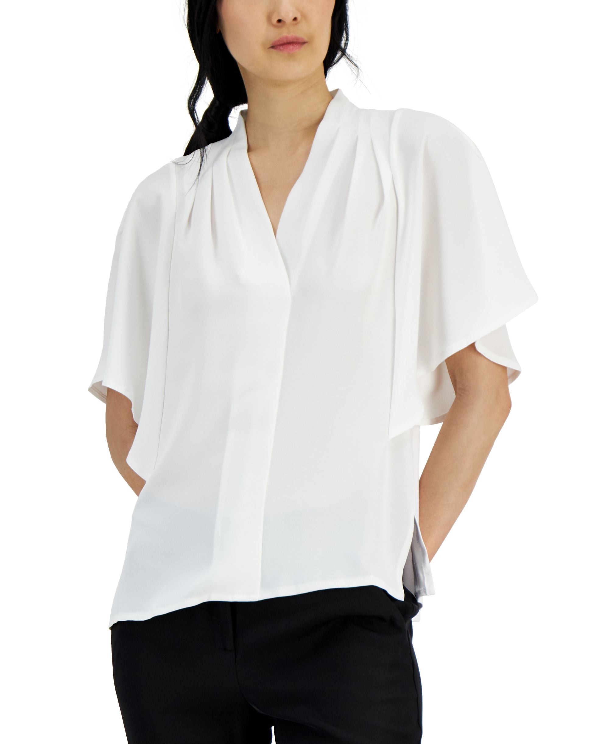 Alfani Womens Mixed Media Flutter Sleeve Top