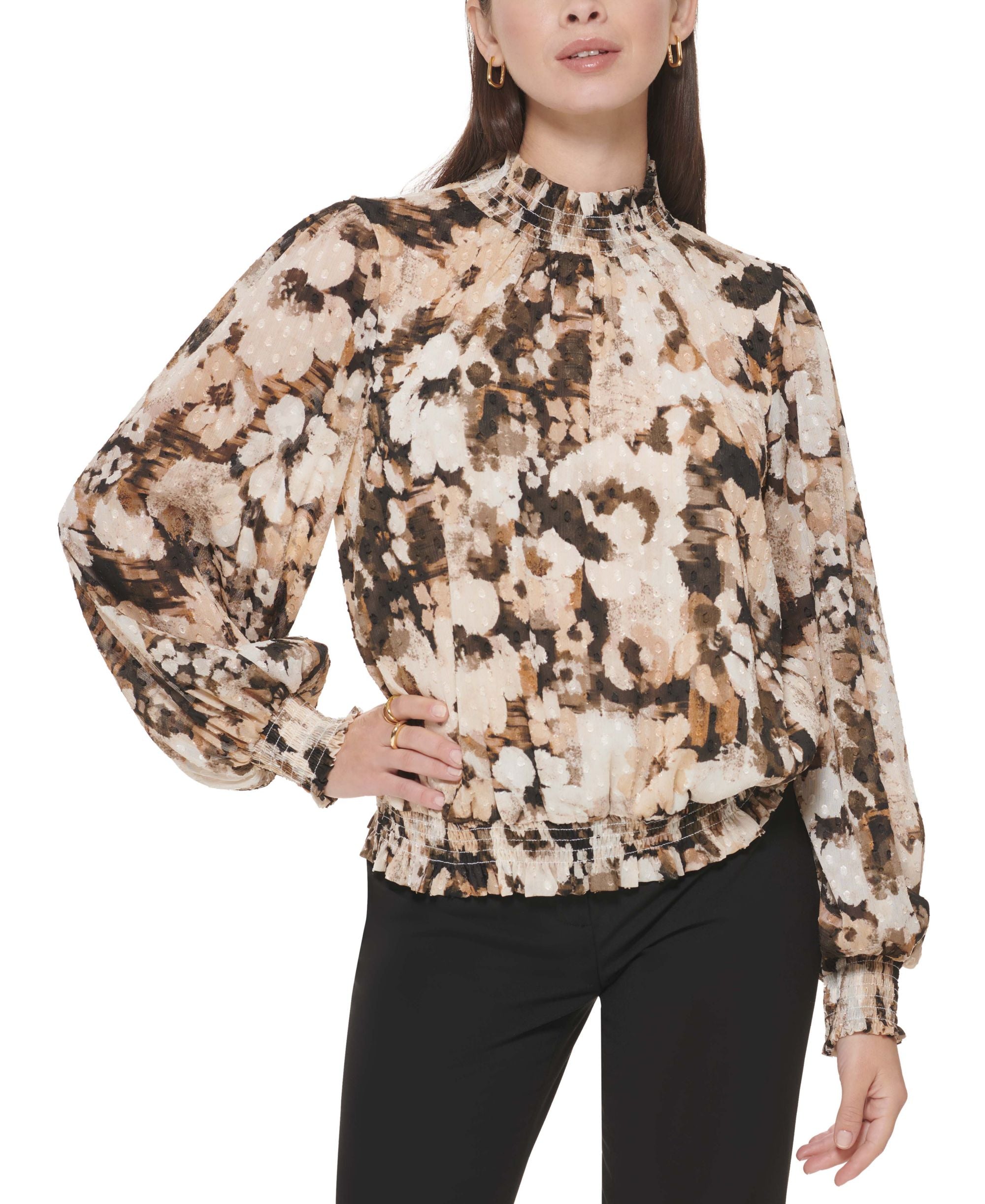 Calvin Klein Petite Floral-Print Mock-Neck Blouse