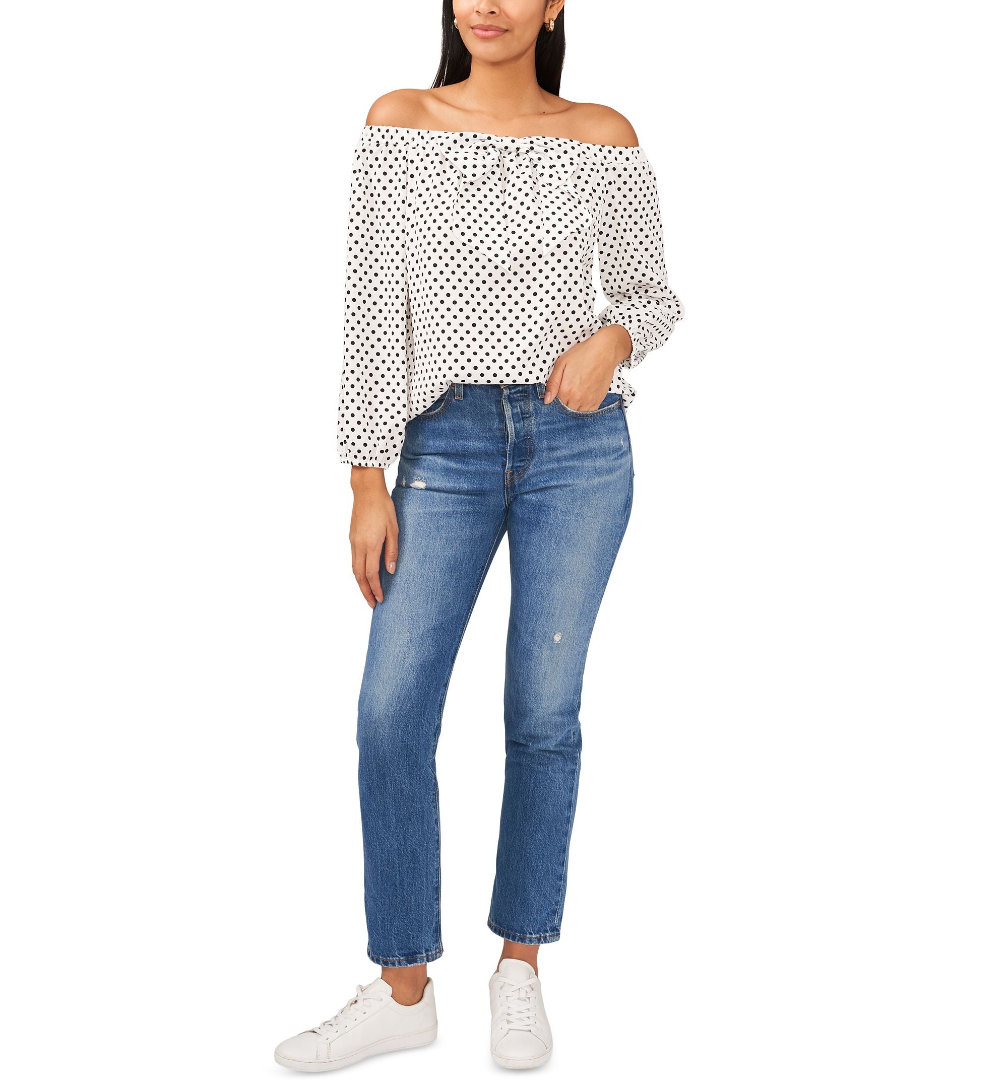 Riley Rae Womens Dot Print Off The Shoulder Bow Blouse