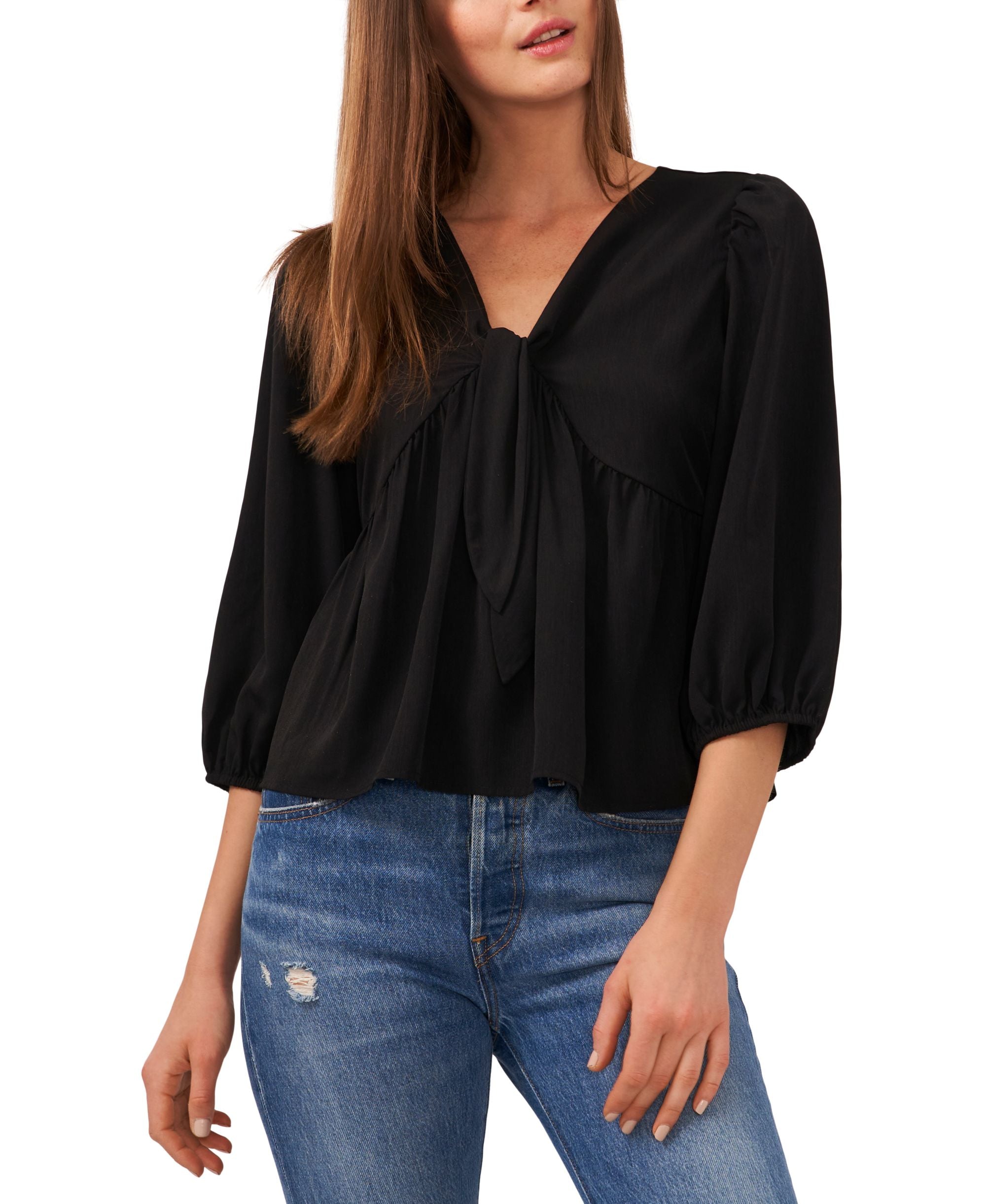 Riley Rae Womens Tie Front Puff Shoulder V Neck Blouse