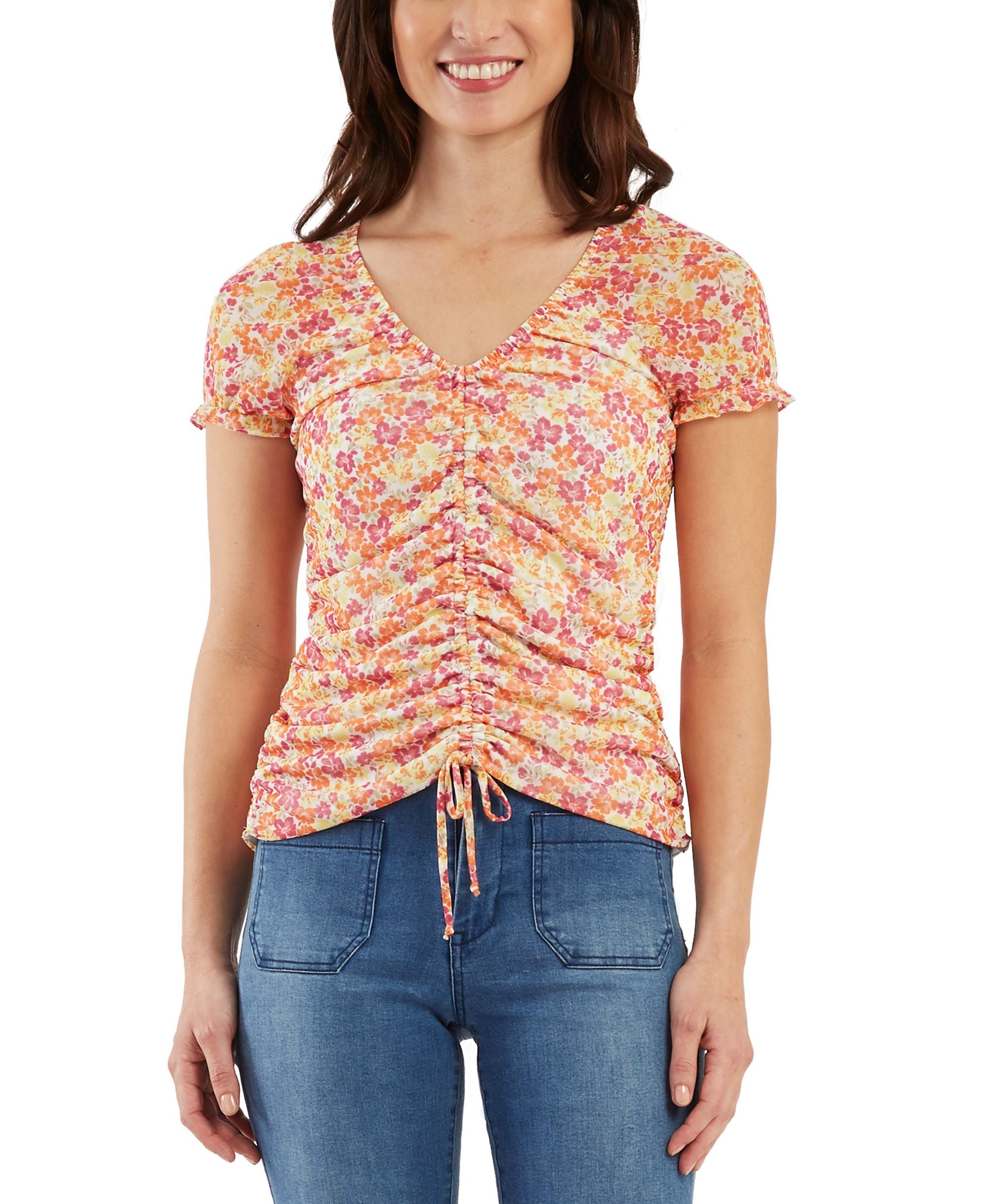 Juniors' Drawstring-Front Cap-Sleeve Top