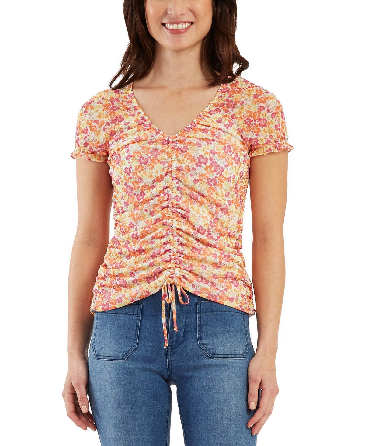 Juniors' Drawstring-Front Cap-Sleeve Top