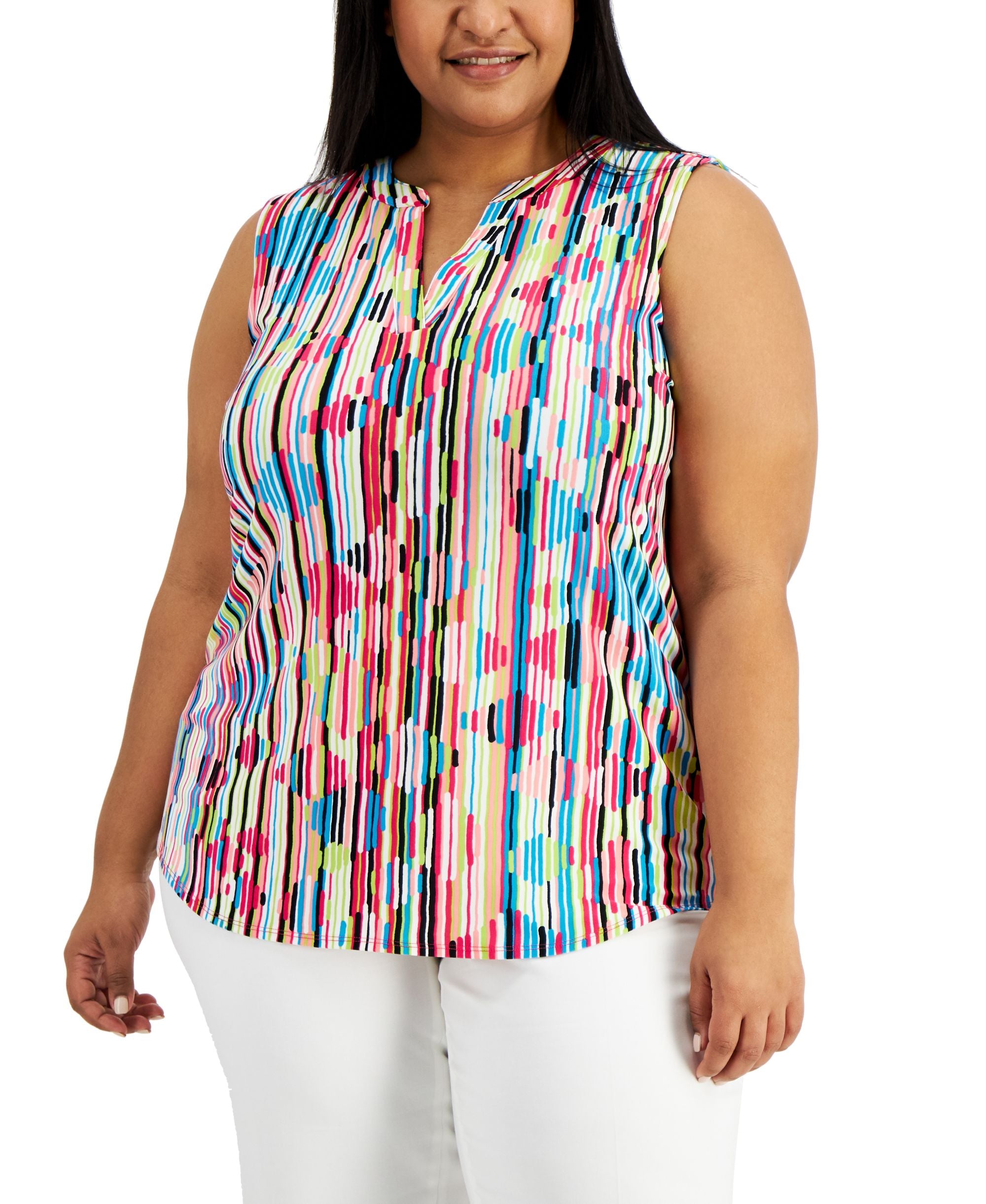 Anne Klein Plus Size Printed Split Neck Top