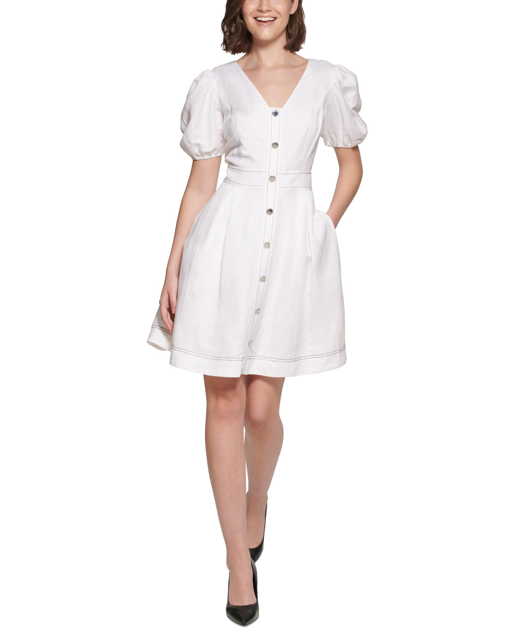 Karl Lagerfeld Paris Womens Puff Sleeve A Line Dress