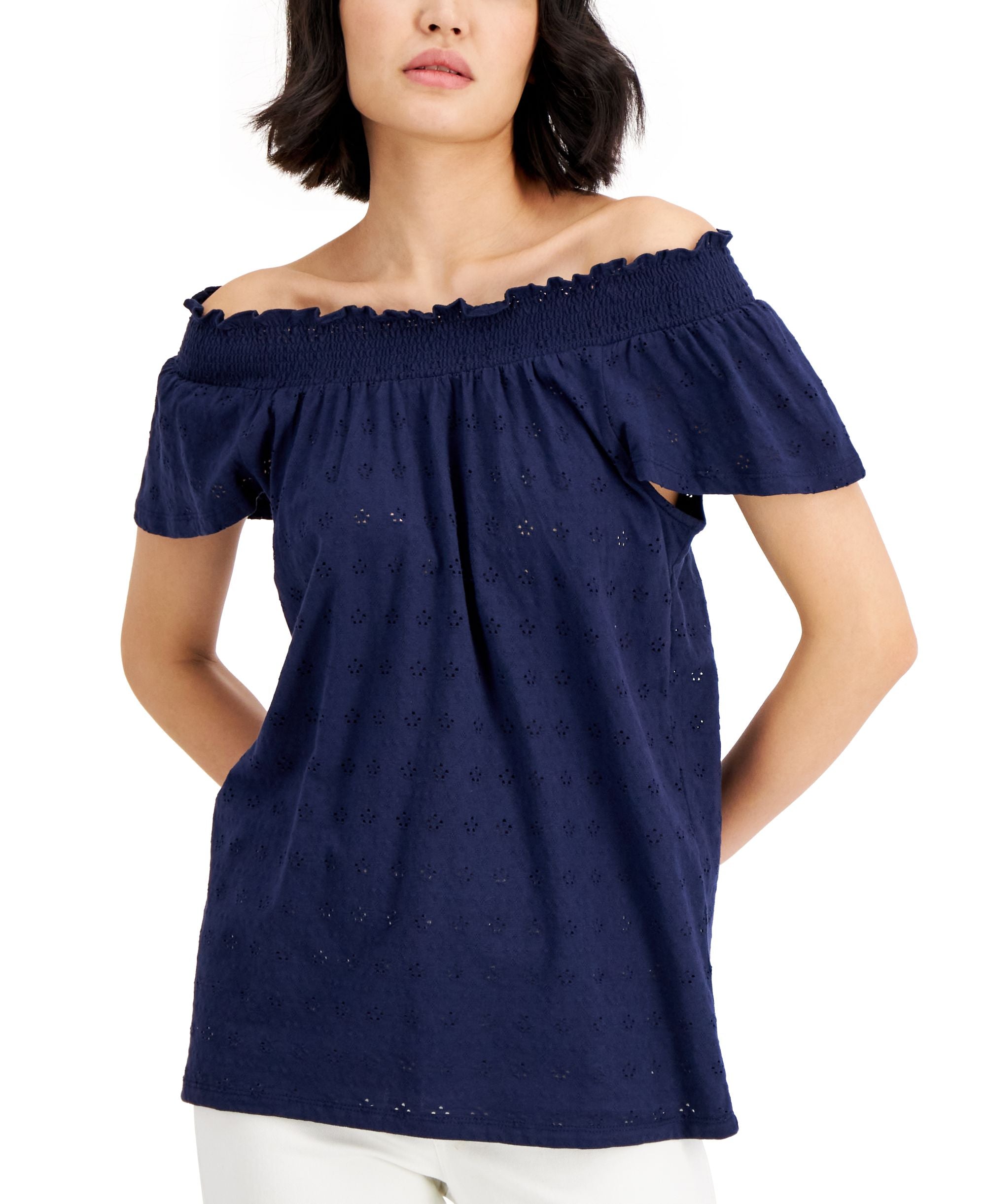 Cotton Flutter-Sleeve Eyelet Top