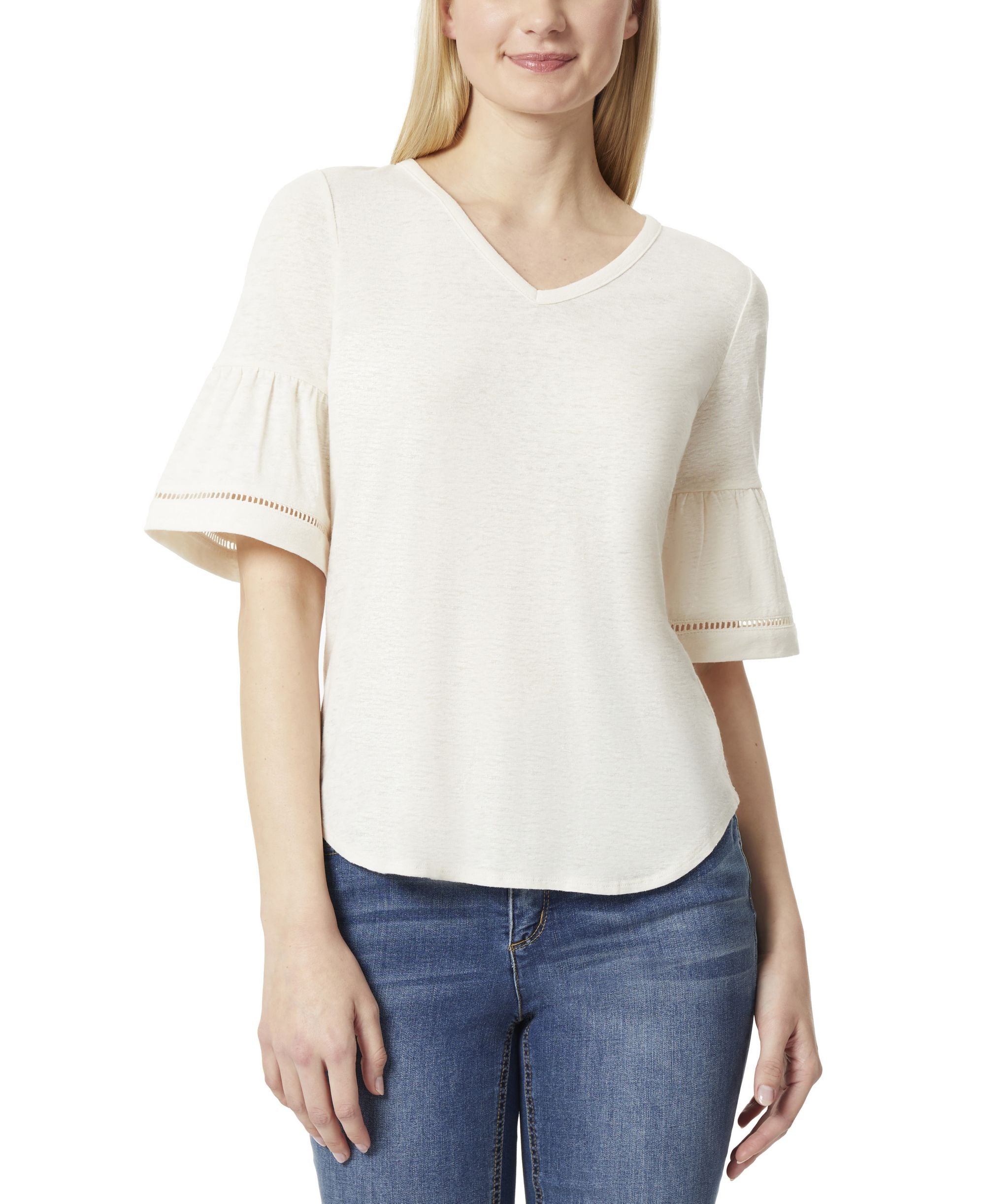 Womens Slub Flounce Sleeve V Neck Top With Trim