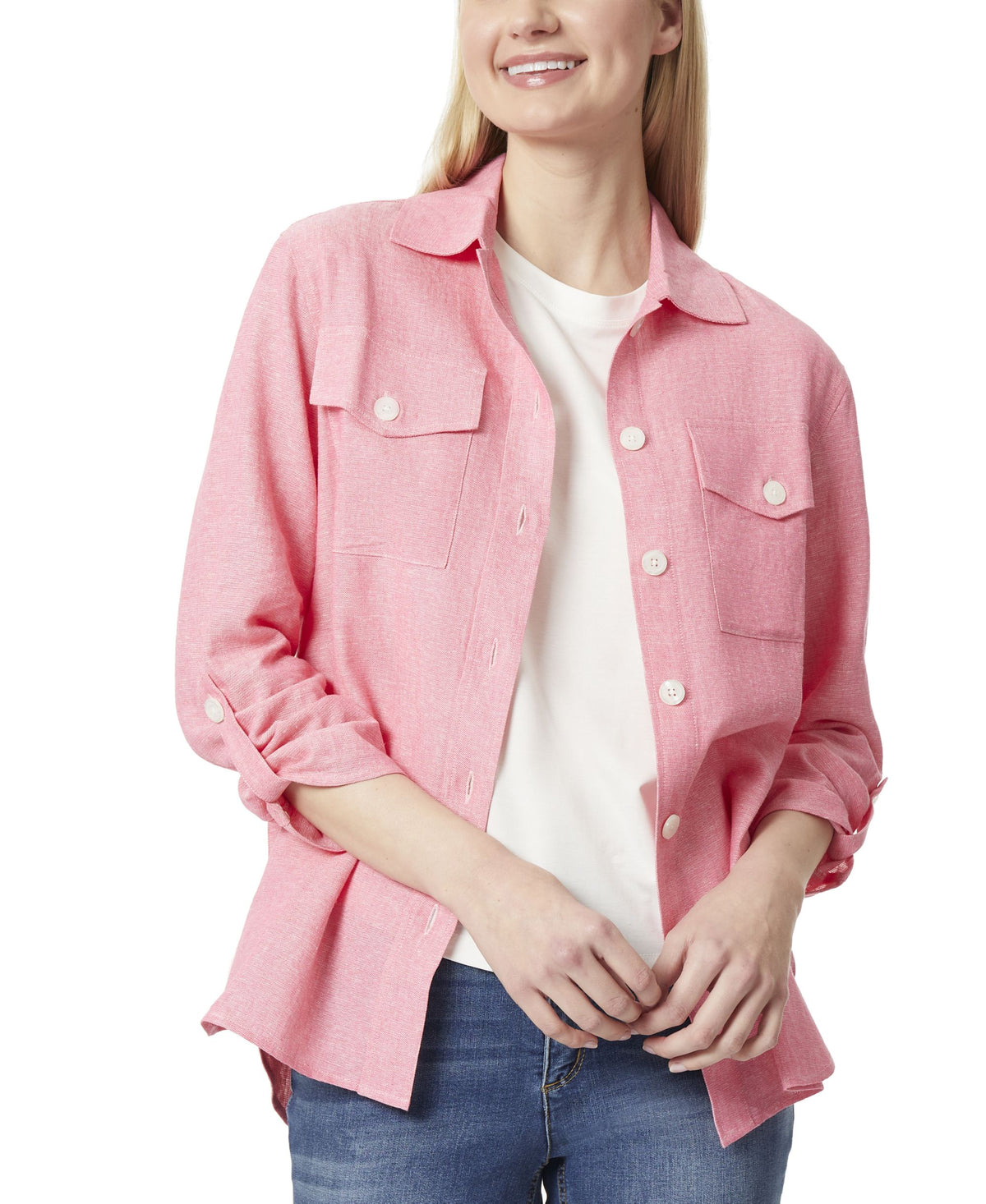 Jones New York Womens Button-down Rolled Sleeve Shacket Jacket