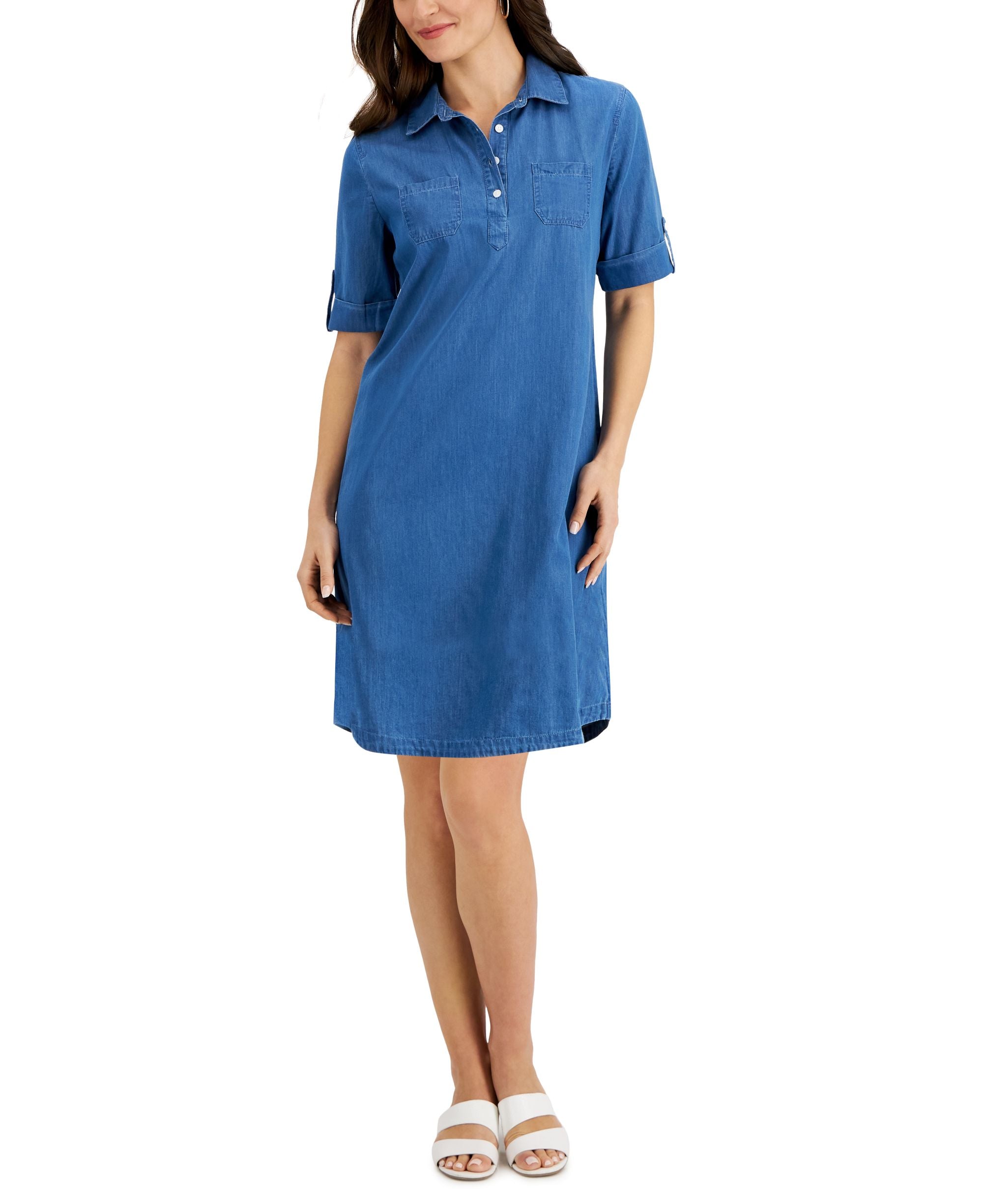Karen Scott Petite Short Sleeve Cotton Chambray Dress