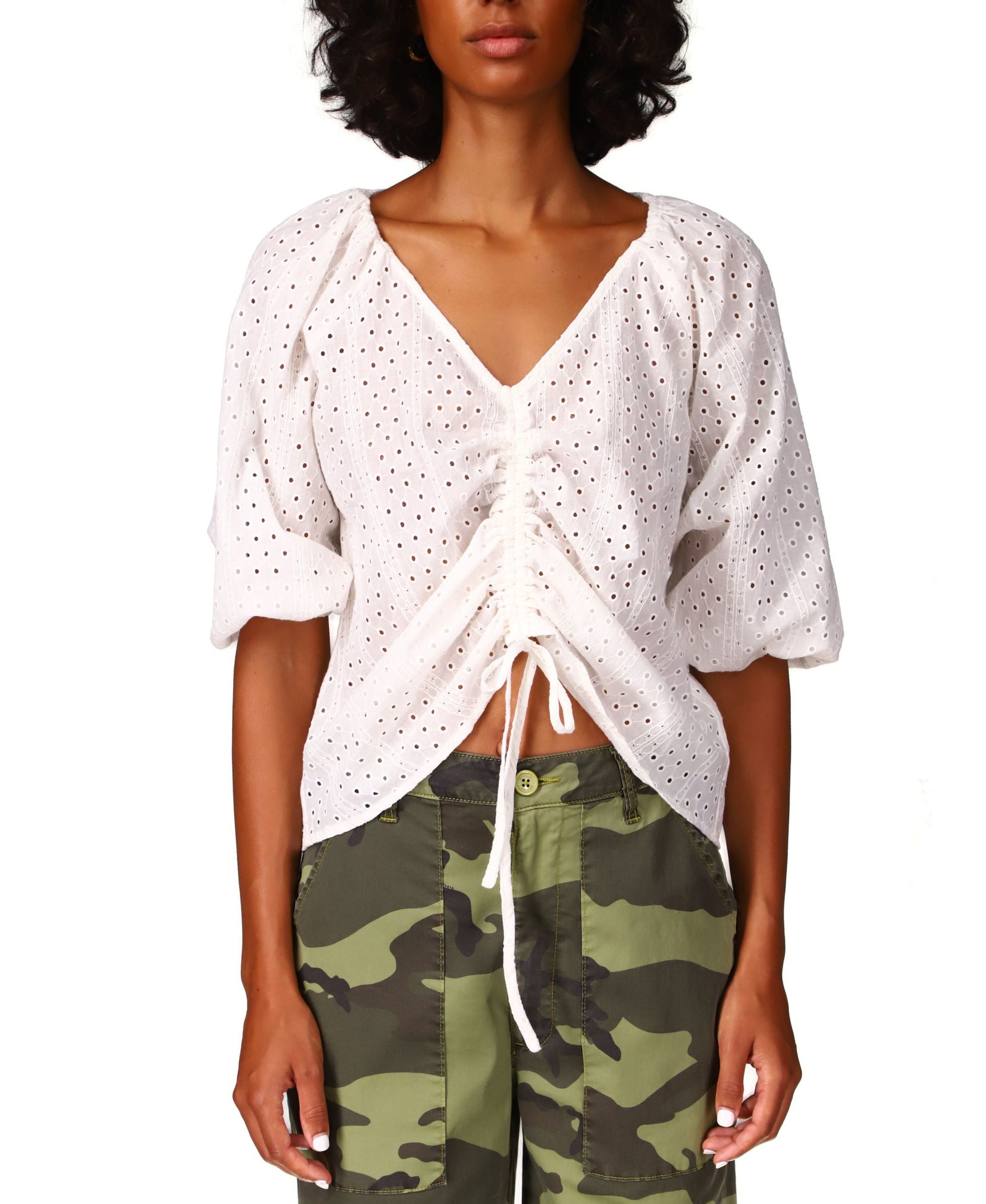 Sanctuary Womens Eyelet Ruched Blouse