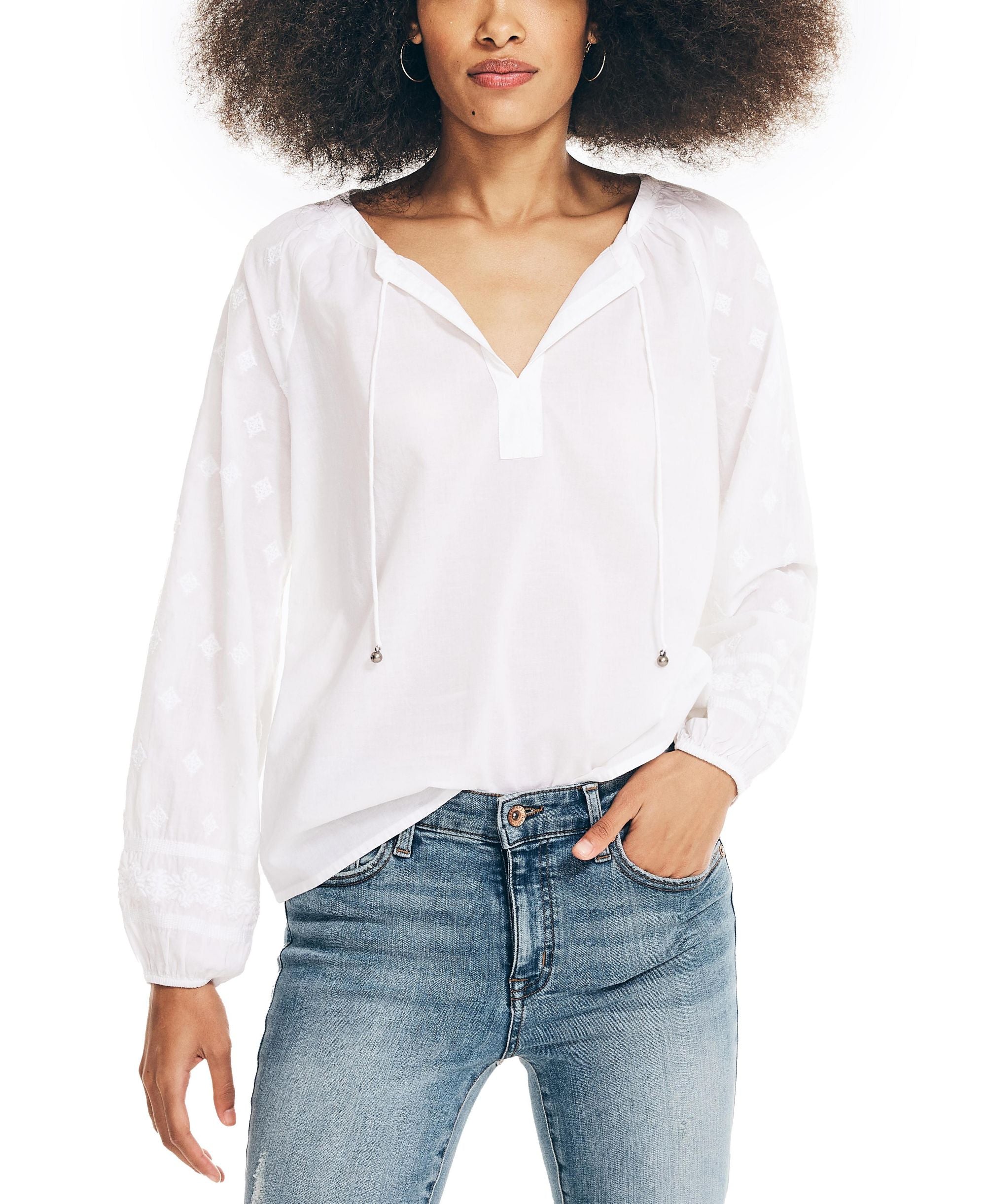 Nautica Womens Embroidered Split Neck Top