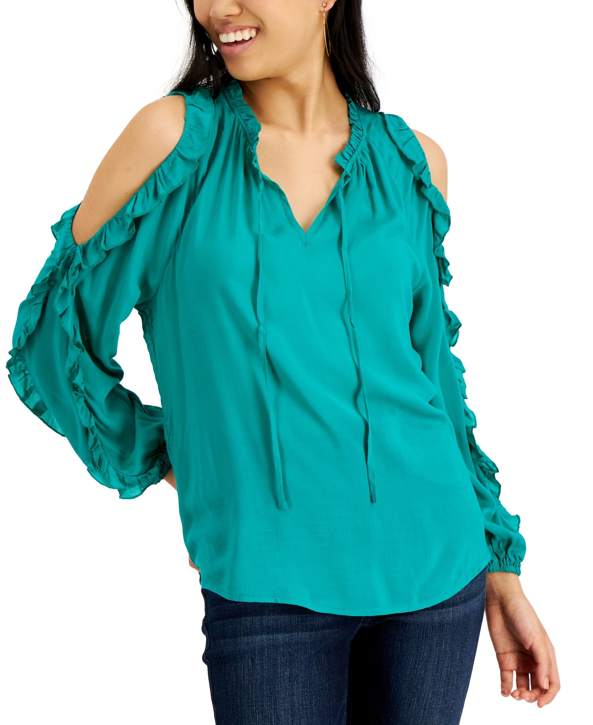 Willow Drive Ruffled Cold Shoulder Top