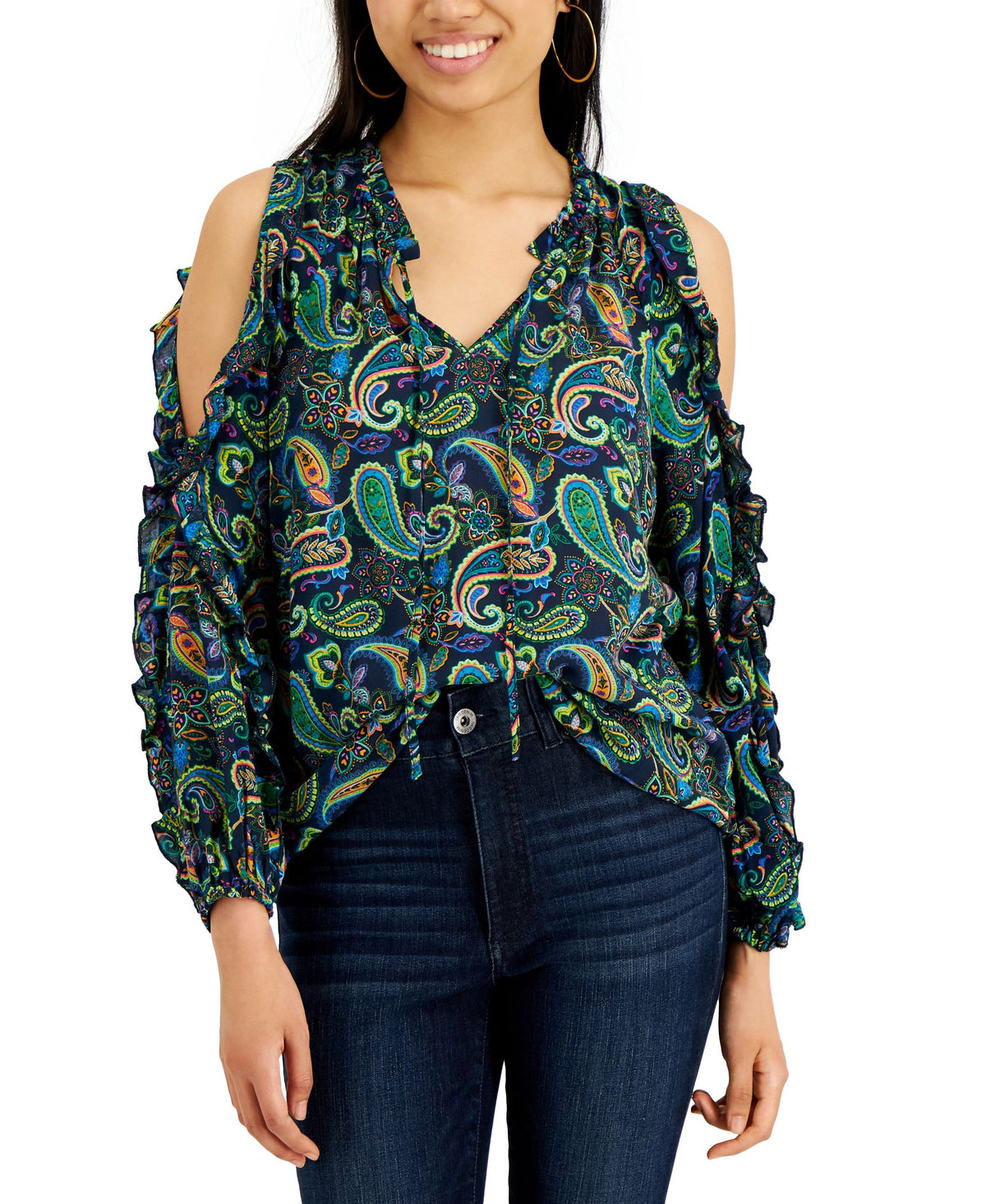 Willow Drive Ruffled Cold Shoulder Top