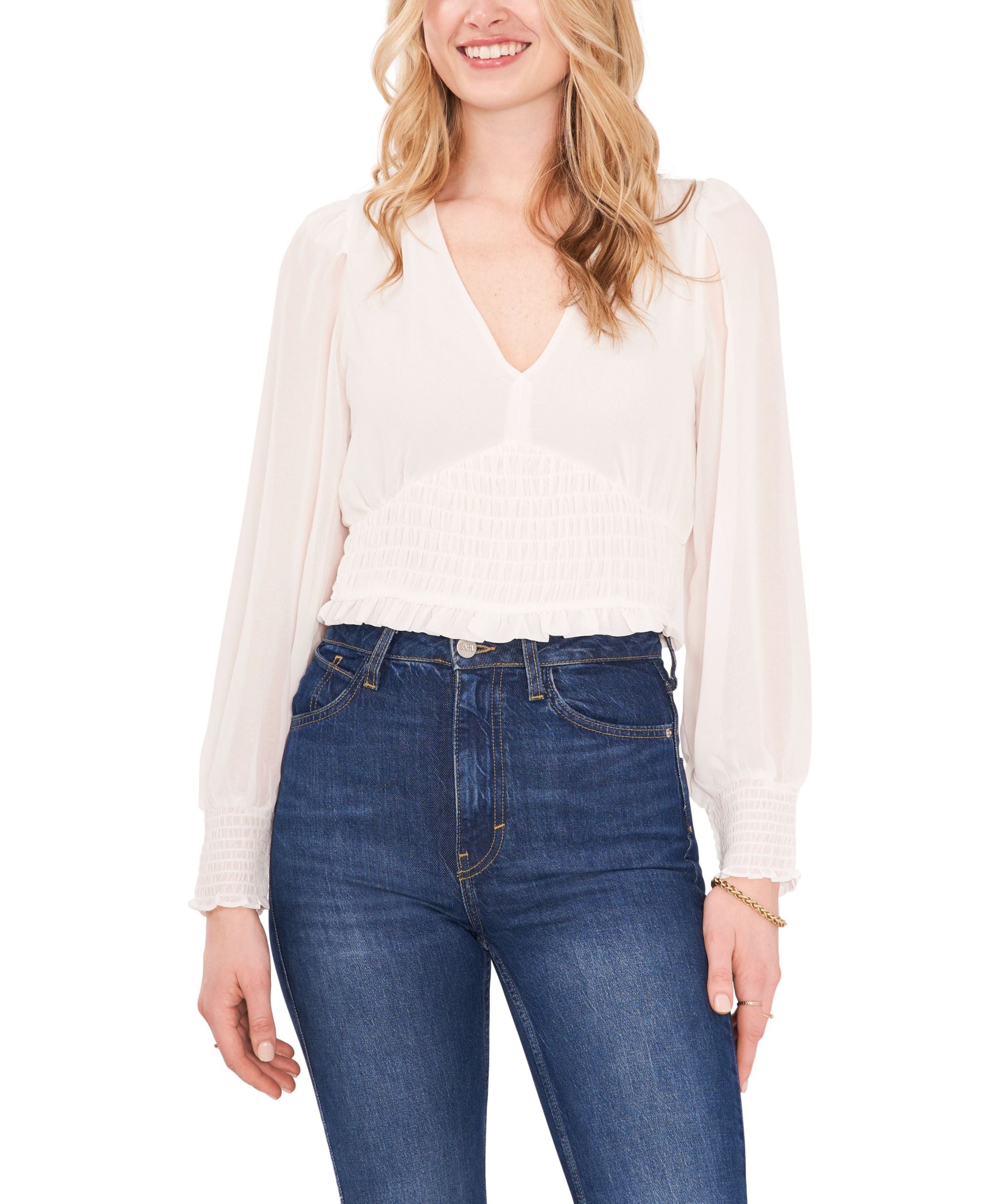 1.State Long Sleeve Smocked Waist V Neck Top