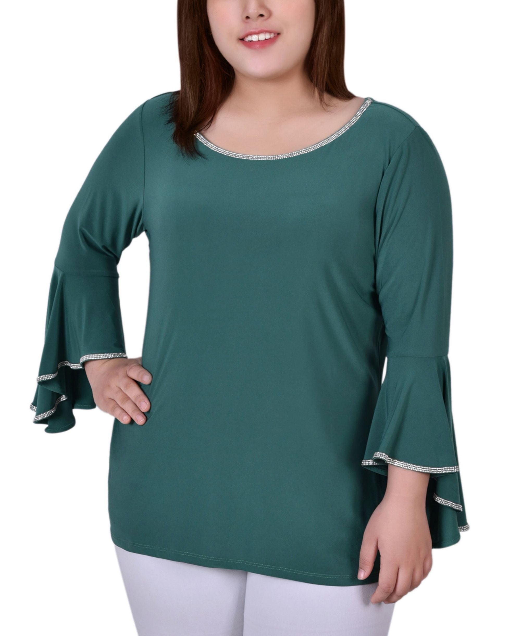 Plus Size Long Bell Sleeve Tunic Top with Stone Details