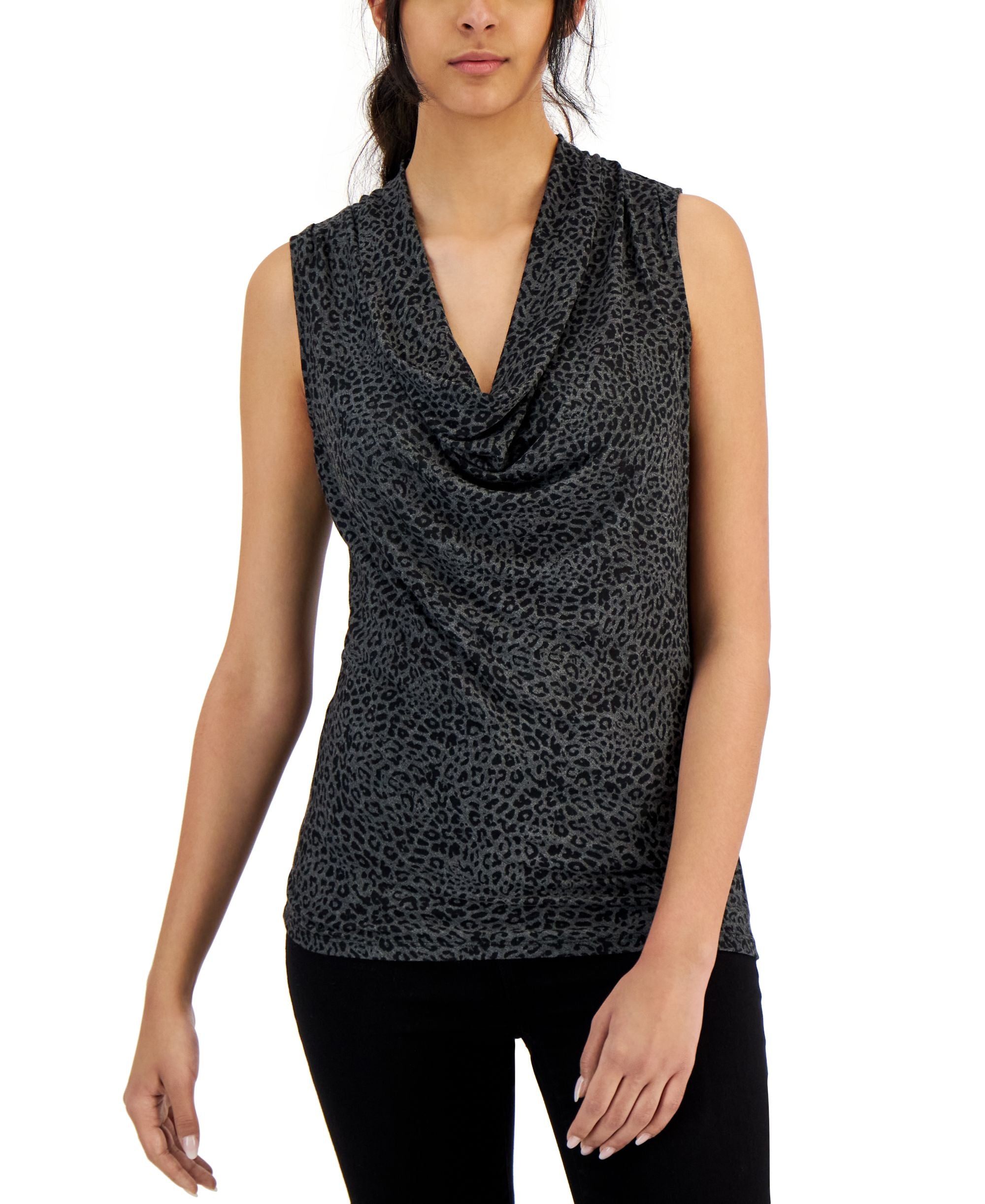 INC International Concepts Womens Leopard Print Cowlneck Top