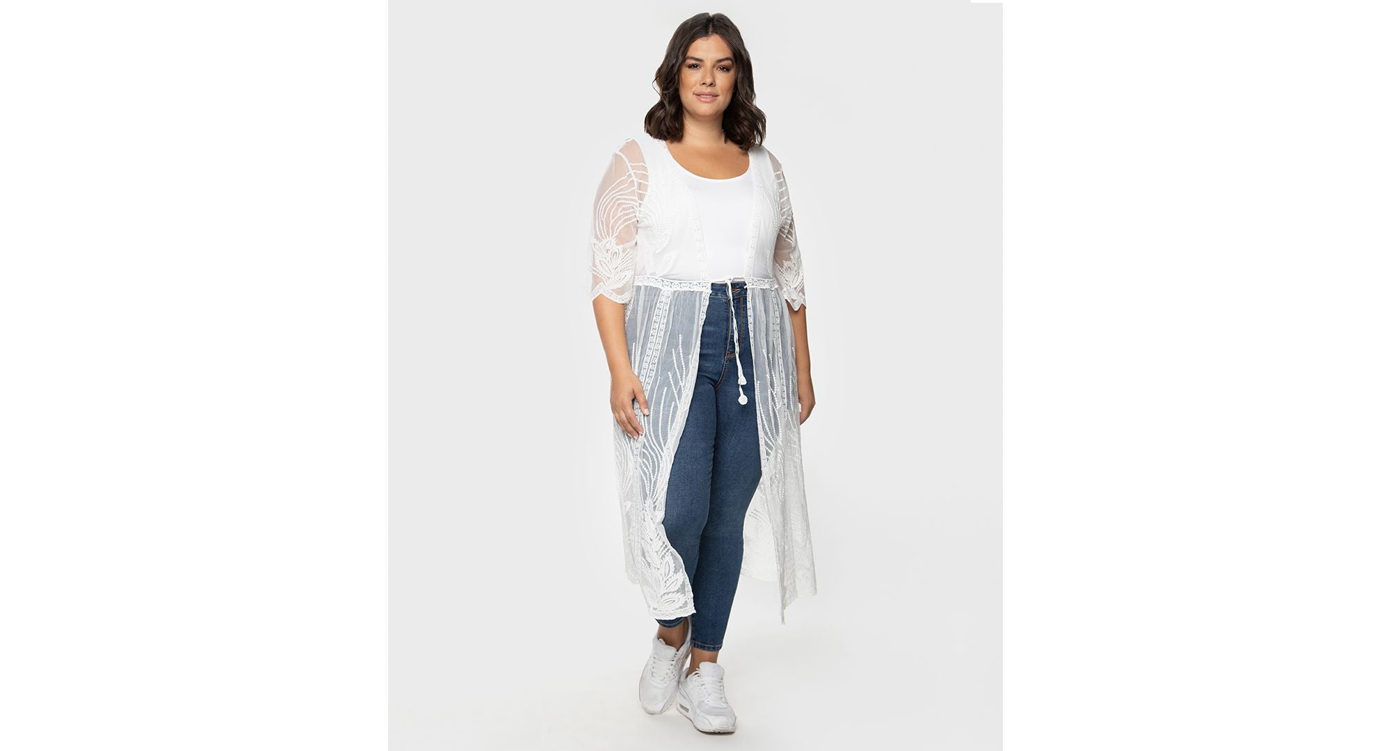 Plus Size Sheer Crochet-Trimmed Duster