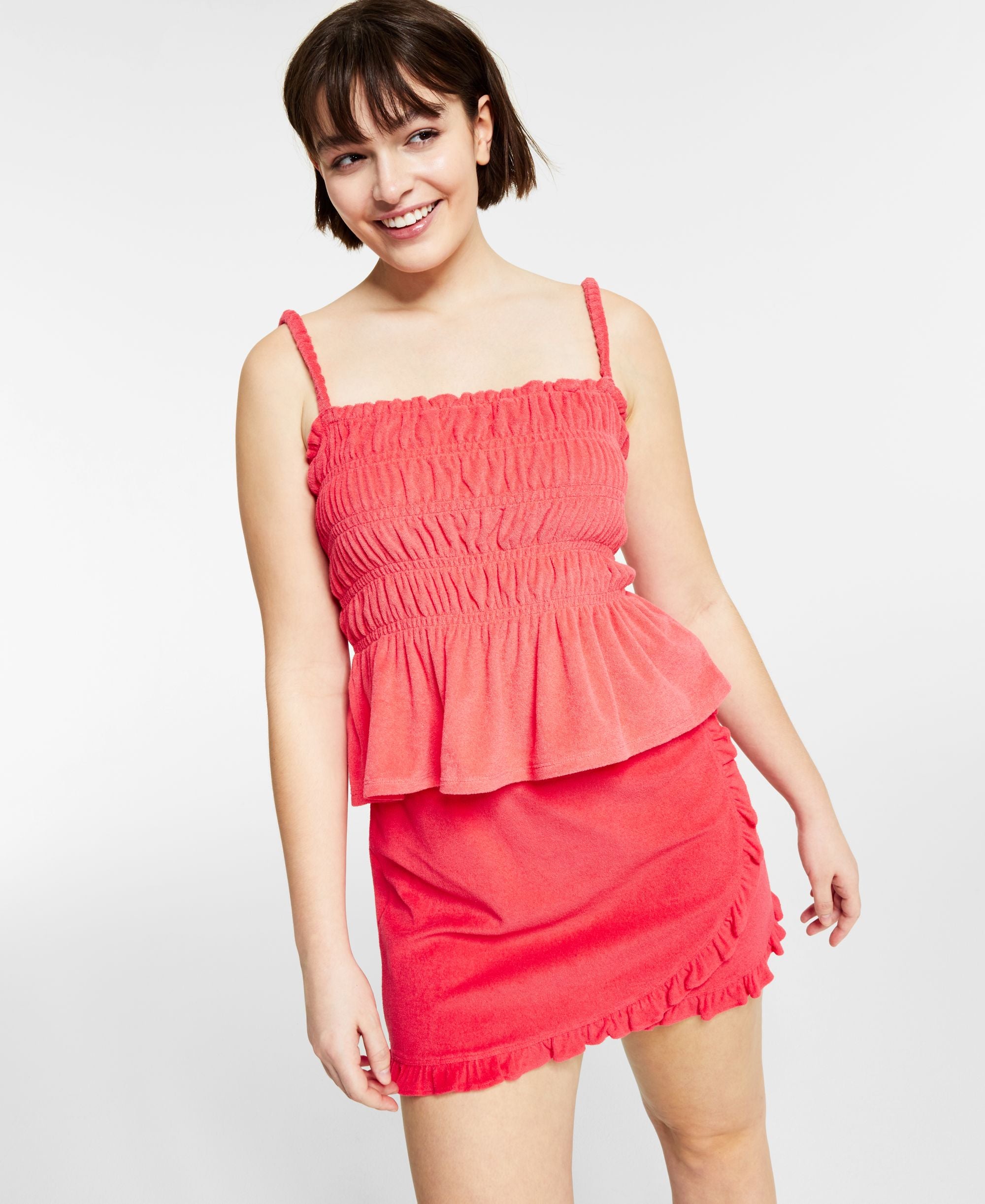 Bar III Womens Terry Ruffled Smocked Top