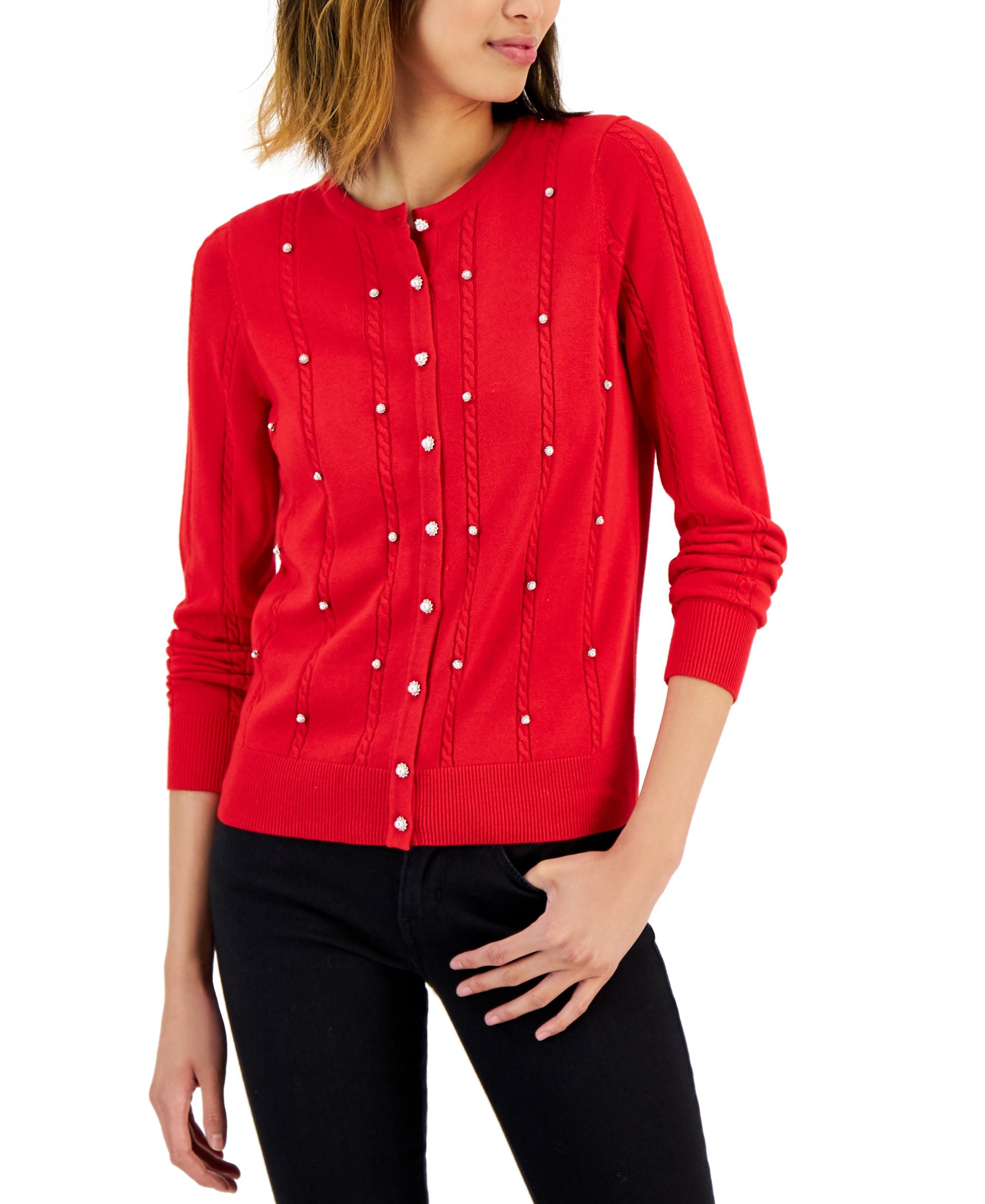 Charter Club Womens Embellished Crewneck Cardigan