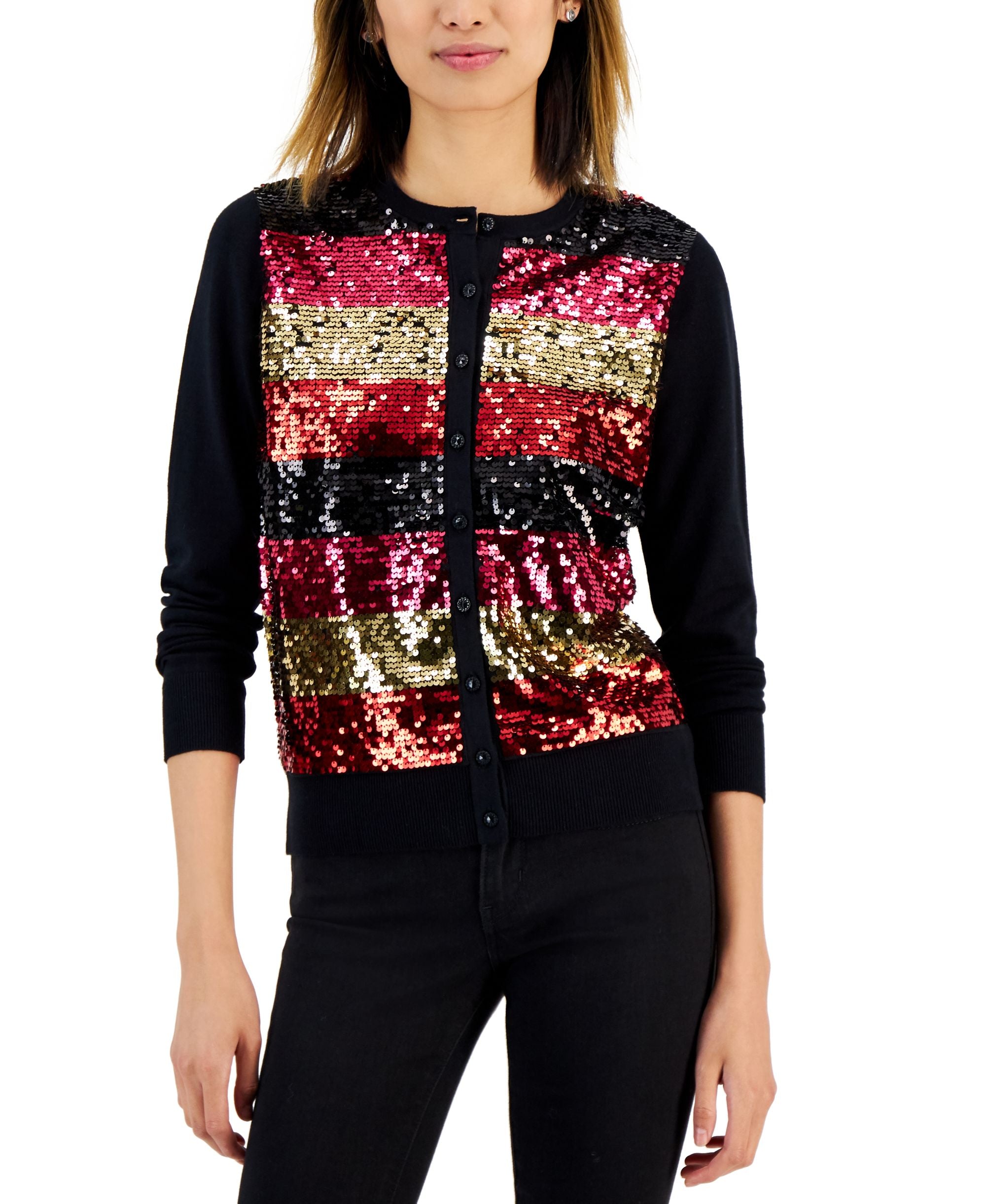 Charter Club Womens Sequin Striped Cardigan