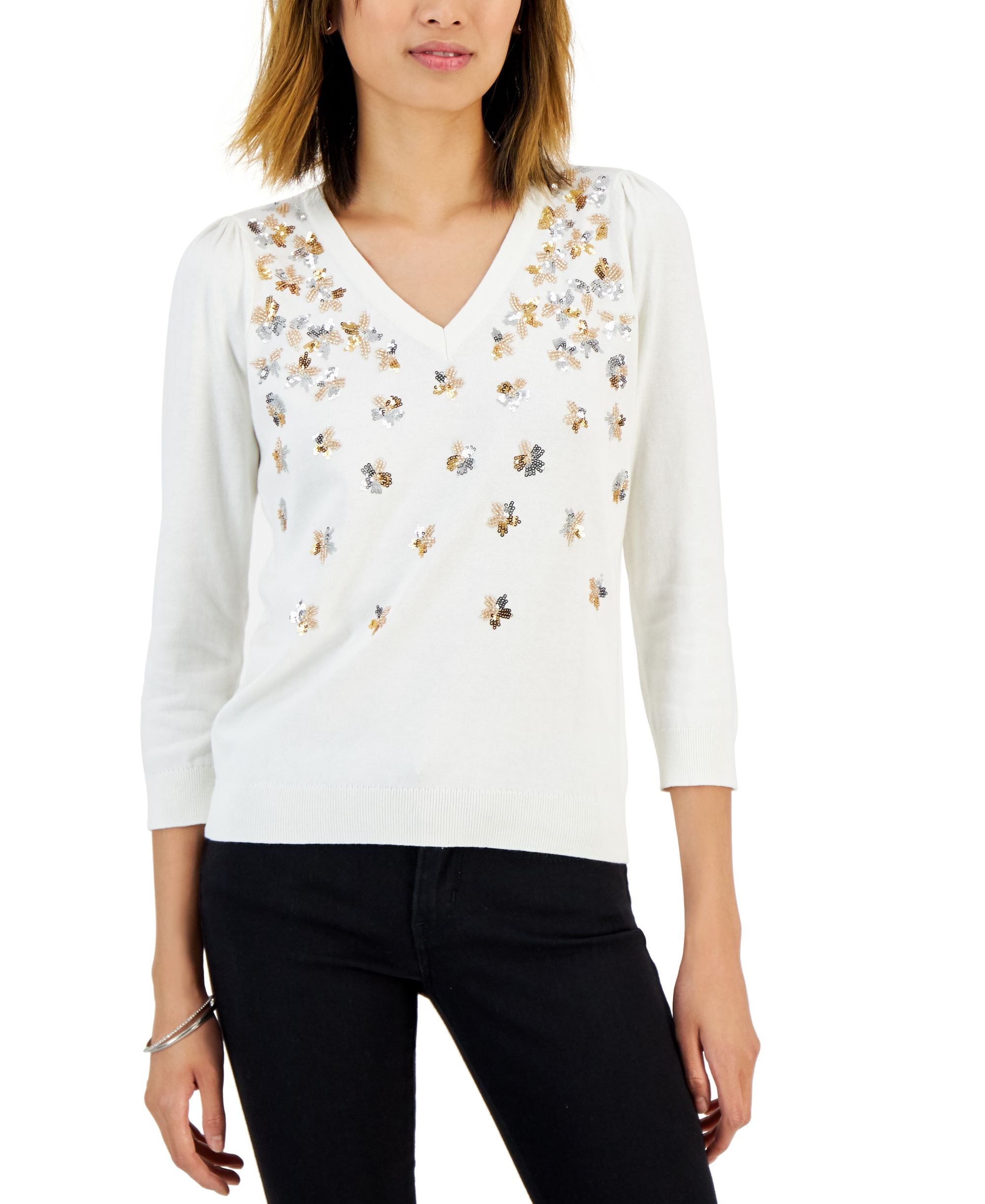 Charter Club Petite Embellished V Neck Sweater