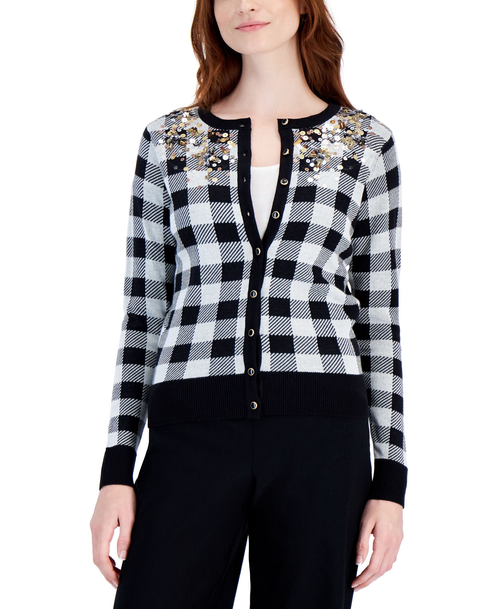 Charter Club Plaid Sequined Cardigan