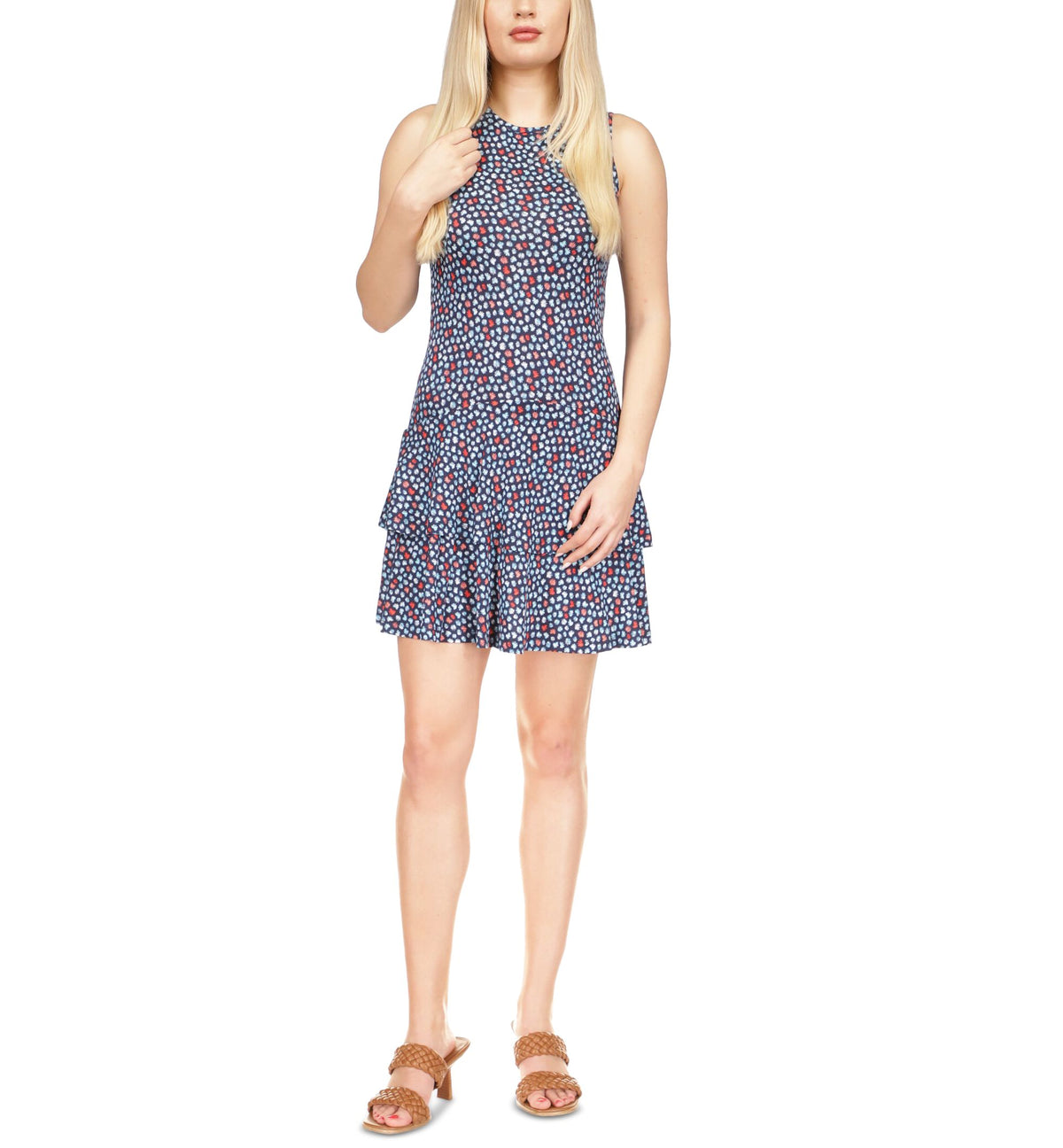 MICHAEL KORS Womens Ruffled Pullover Unlined Printed Sleeveless Crew Neck Short Fit + Flare Dress